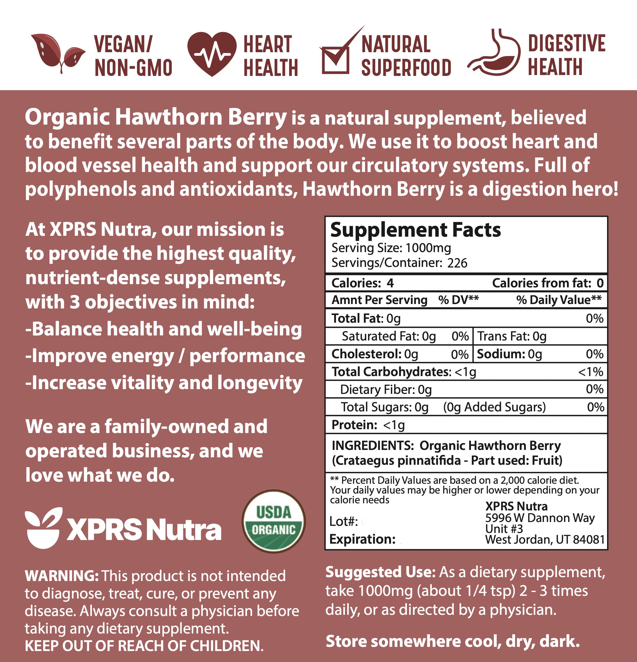XPRS Nutra Organic Hawthorn Berry Powder – Cardiovascular Support, USDA Organic (8 oz) – Vegan