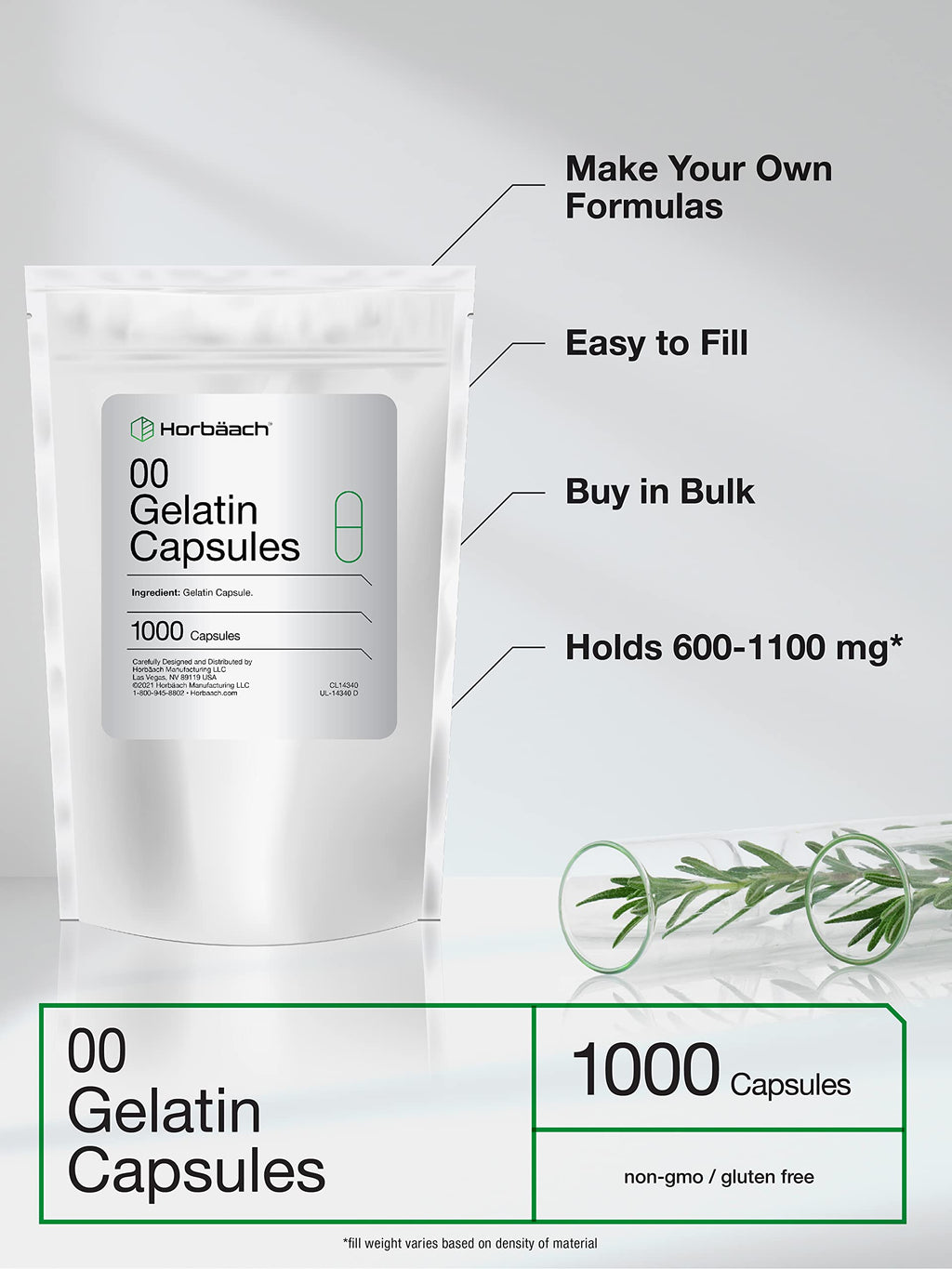 Empty Capsules Size 00 | 1000 Clear Gelatin Capsules | Resealable Bag | Non-GMO, Gluten Free | By Horbaach