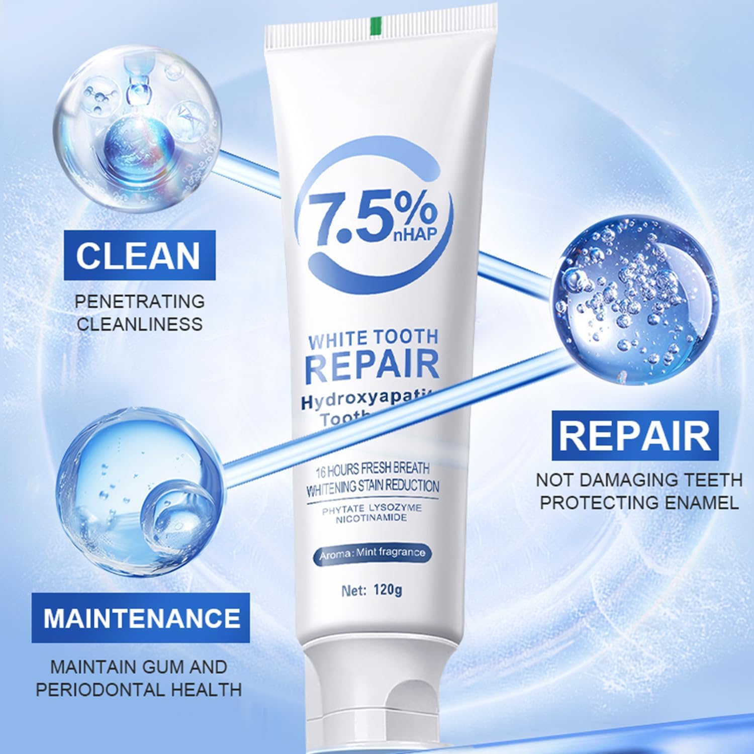 7.5% Hydroxyapatite Toothpaste for Enamel Protection - Fluoride-Free, Gentle Mint, Sensitive Teeth (4.23 oz)