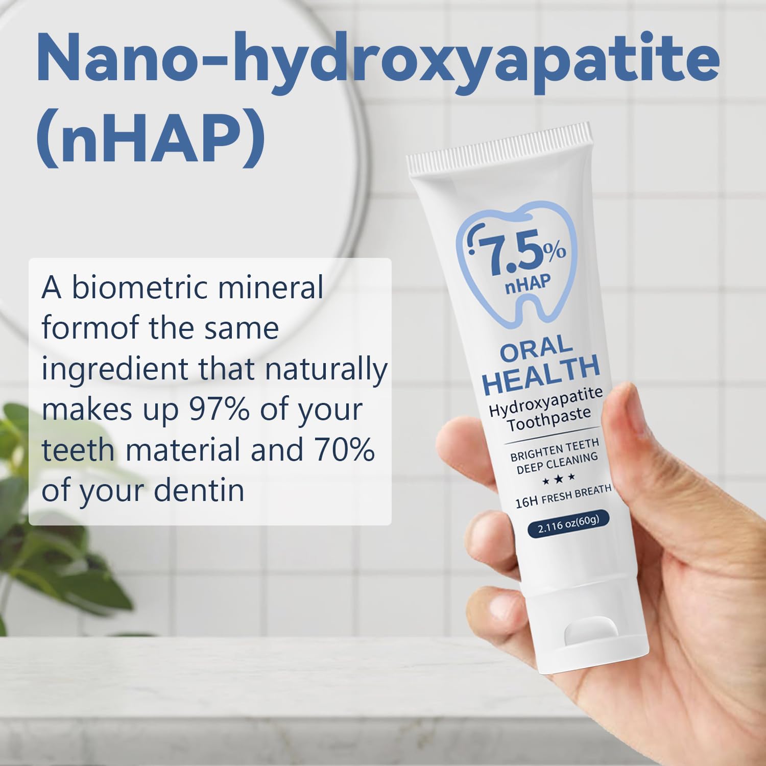 7.5% Hydroxyapatite Toothpaste for Sensitive Teeth & Enamel Repair – Fresh Mint 2.12 oz