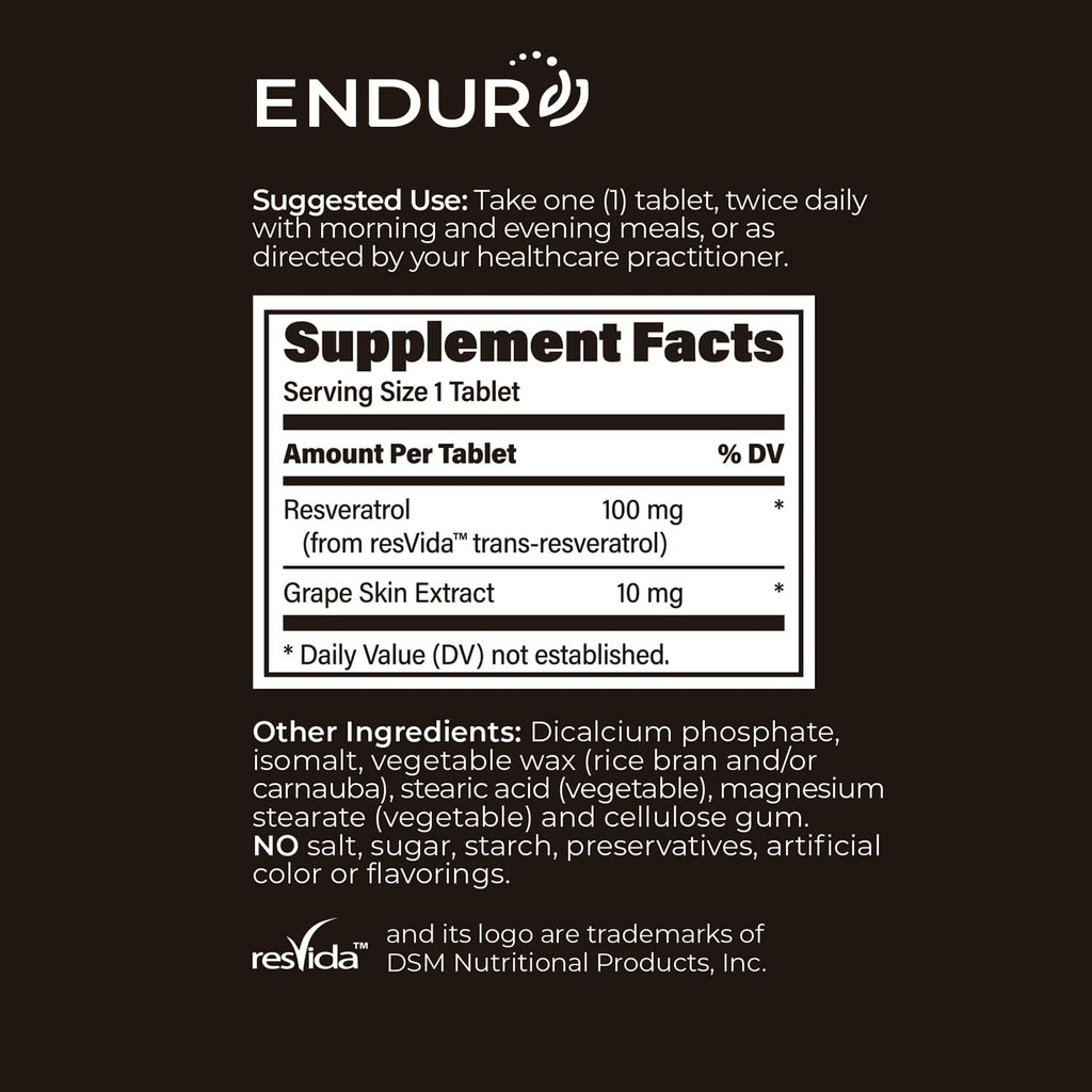 Endur Resveratrol 100mg – Healthy Aging & Cardiovascular Support (Gluten Free, 150 Tablets)