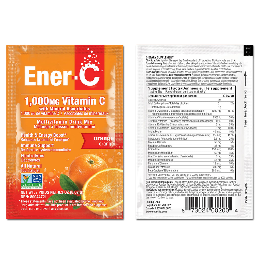 Ener-C 1000mg Vitamin C Immune Support – Orange Effervescent Drink Mix (60 Packets)