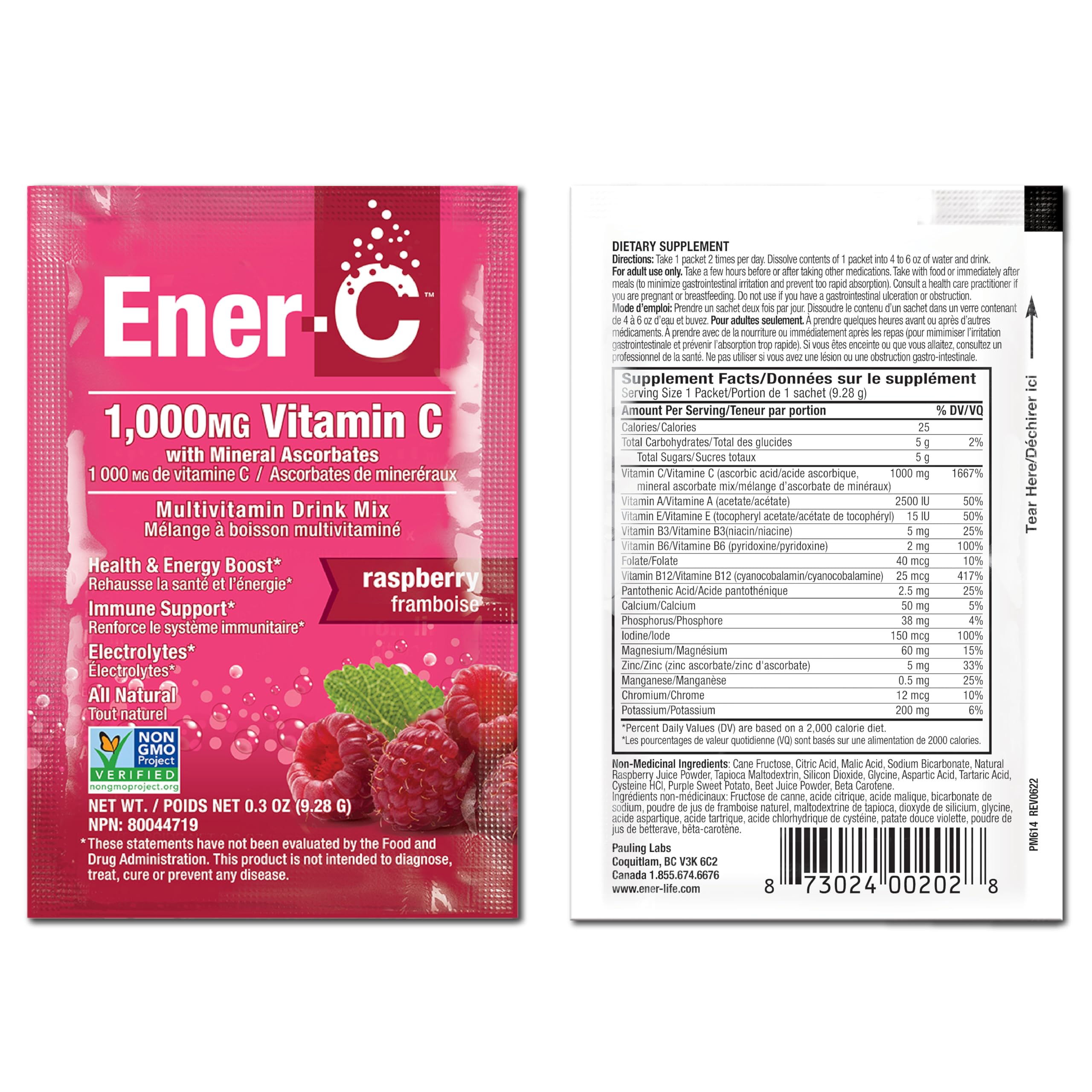 Ener-C Multivitamin Drink Mix – Immune Support, Hydration, Raspberry, 60 Count