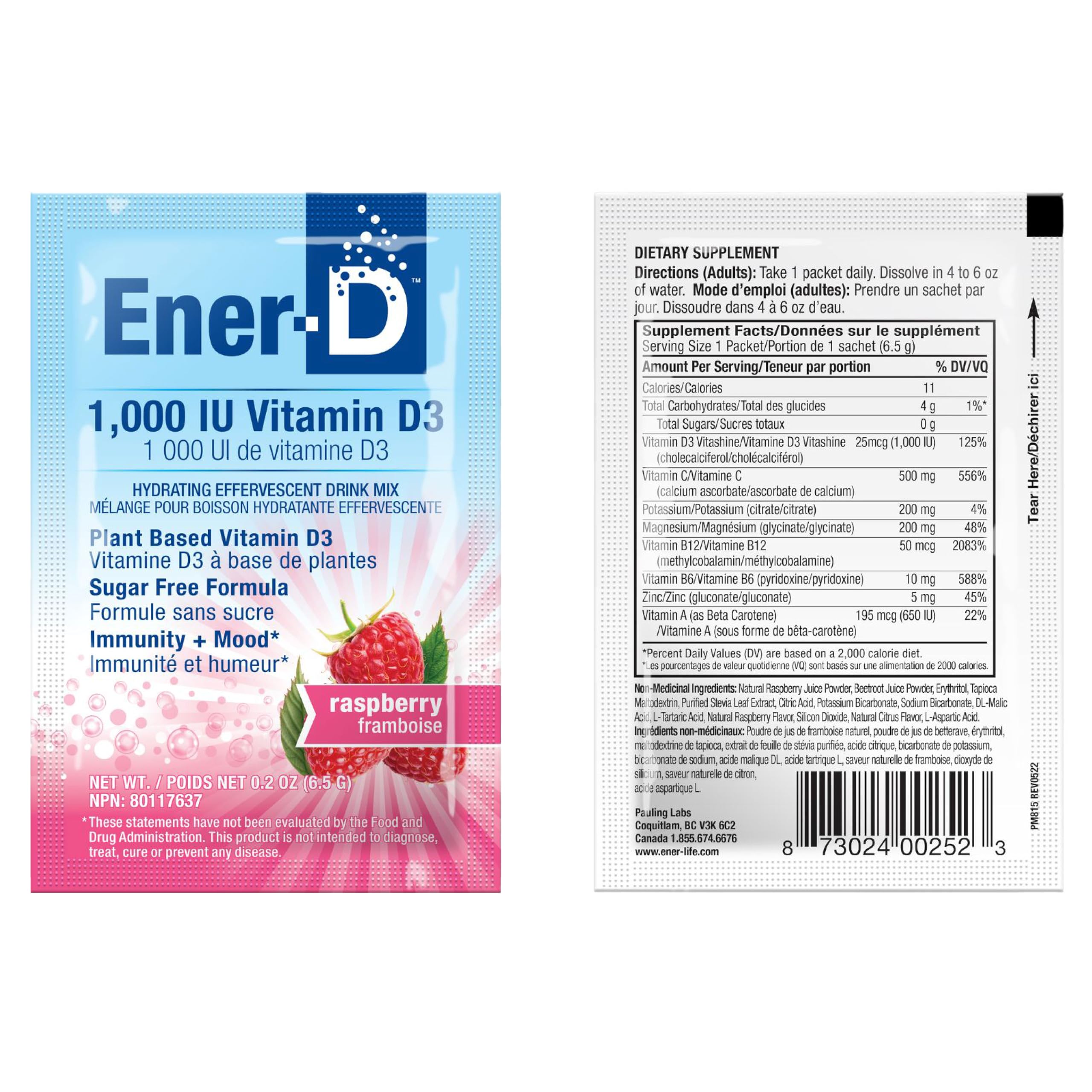 Ener-D Sugar Free Multivitamin Drink Mix with Vitamin D3 - Raspberry, 24 Count