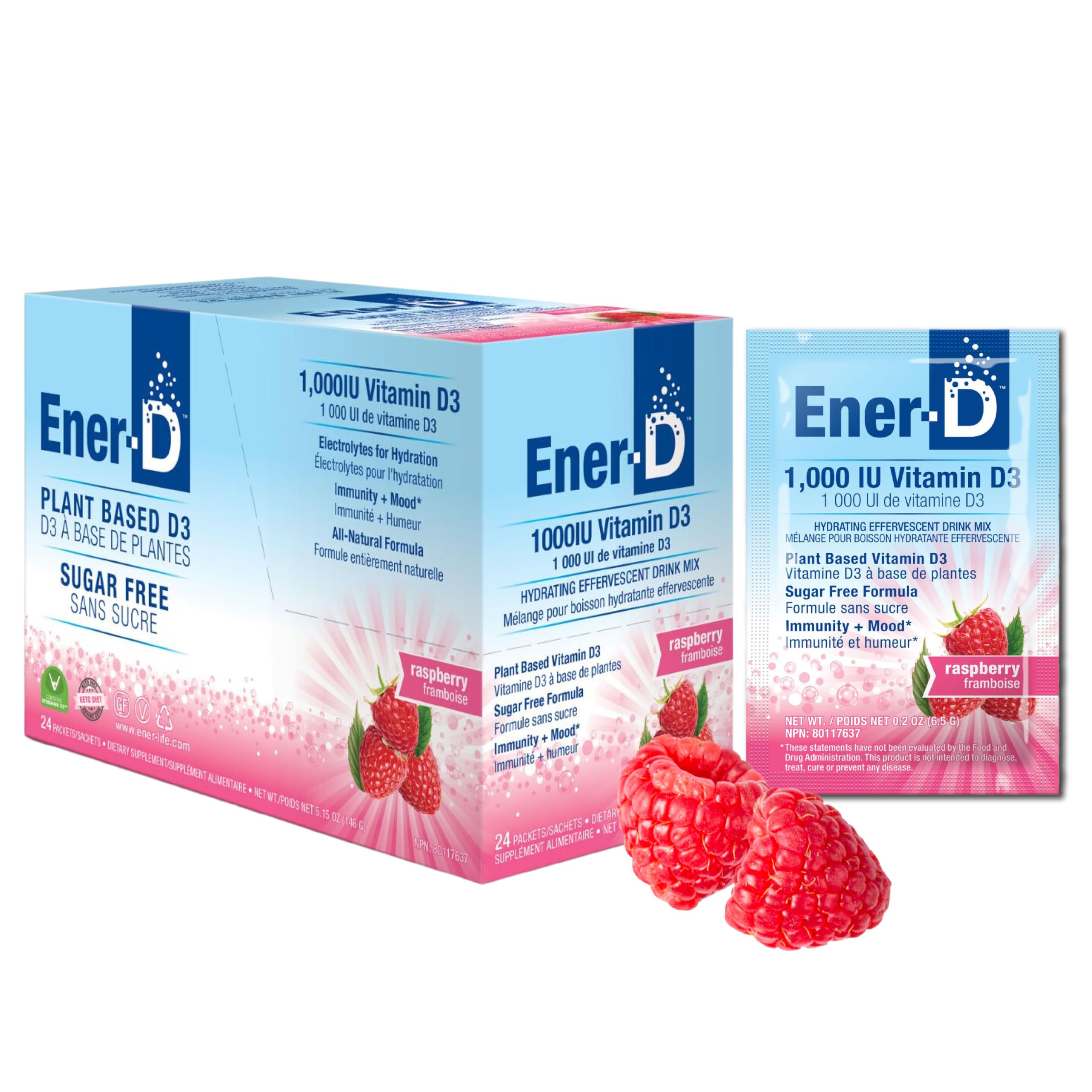 Ener-D Sugar Free Multivitamin Drink Mix with Vitamin D3 - Raspberry, 24 Count