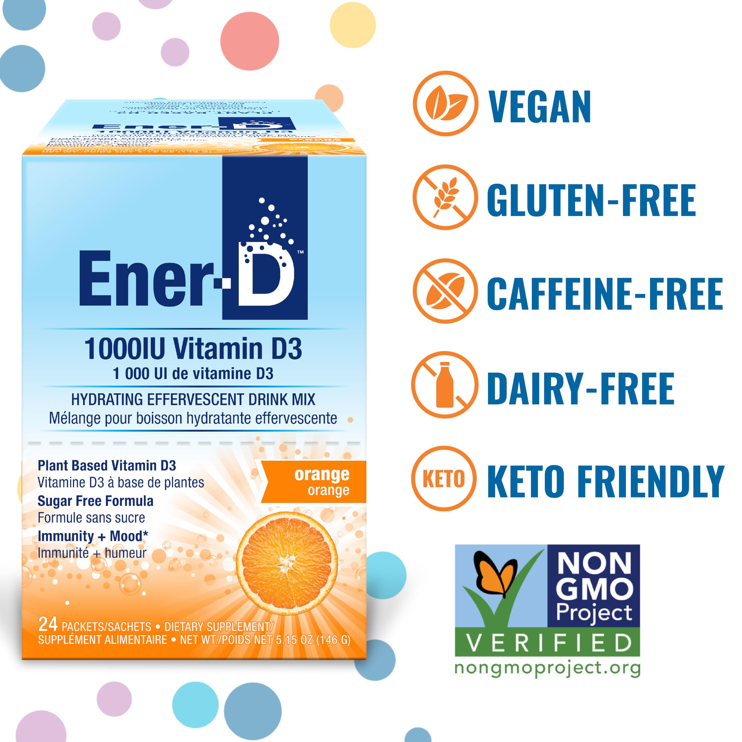 Ener-D Sugar Free Vitamin D3 Orange Drink Powder | Immune Support, Multivitamin, Vegan & Non-GMO (24 Count)