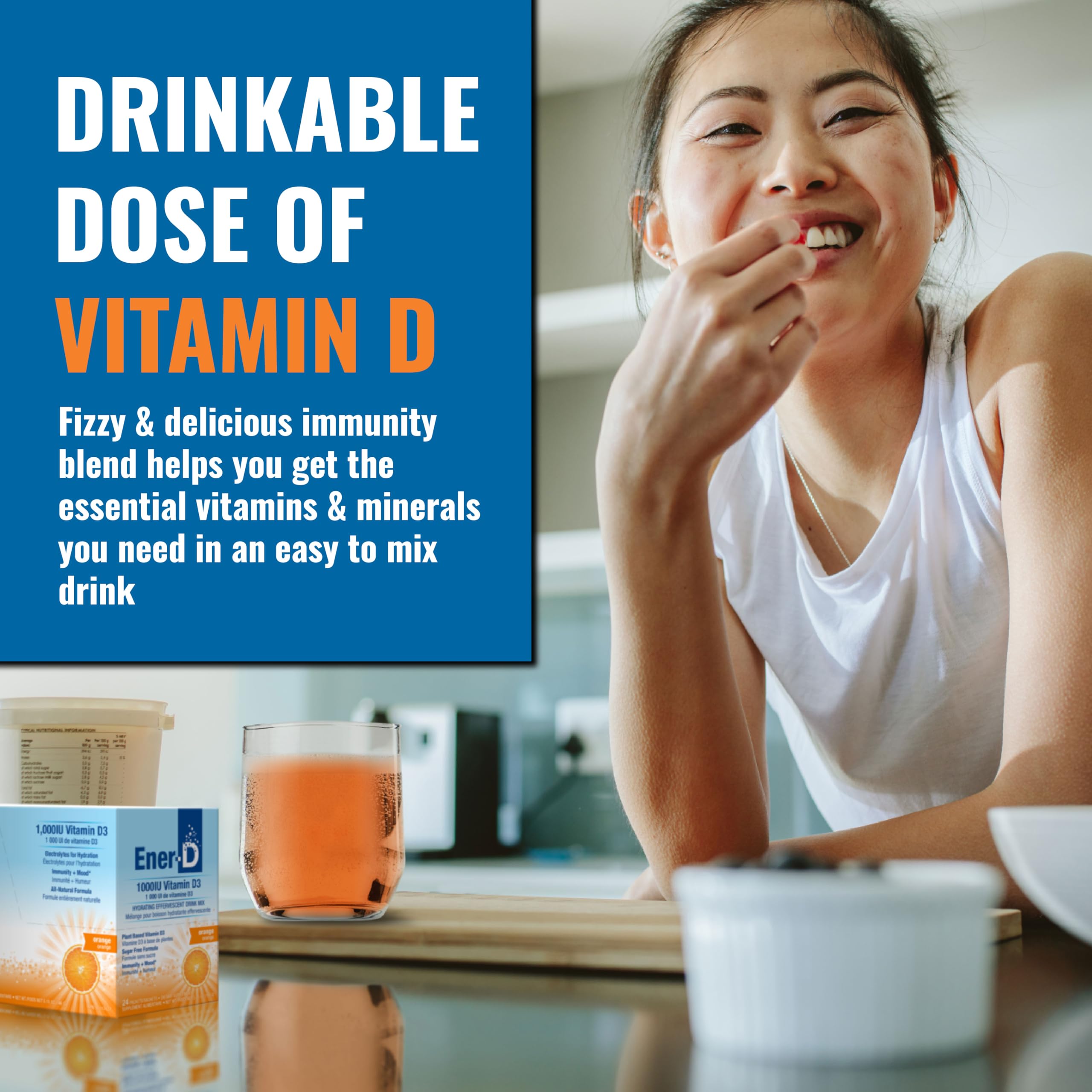 Ener-D Sugar Free Vitamin D3 Orange Drink Powder | Immune Support, Multivitamin, Vegan & Non-GMO (24 Count)