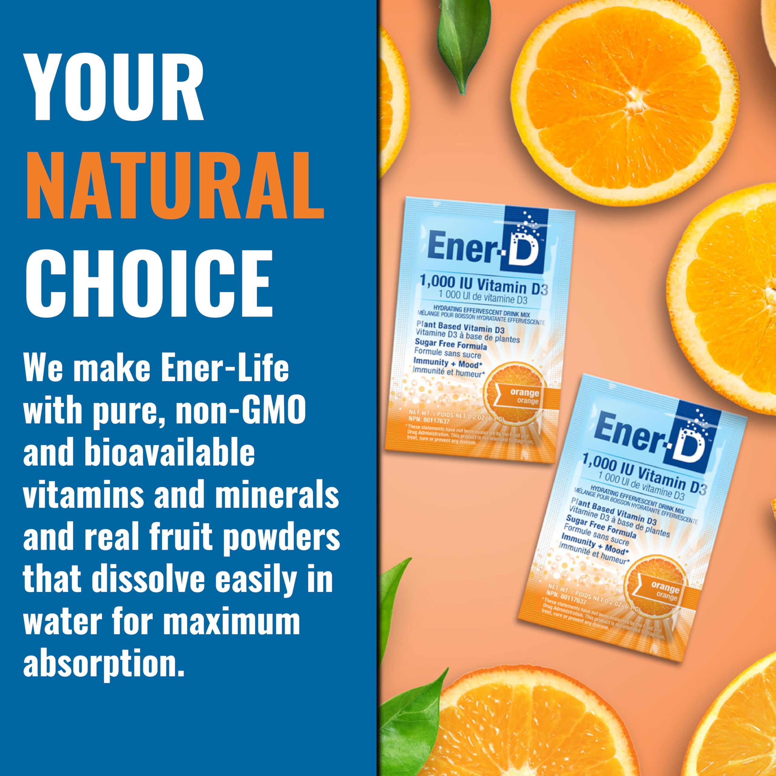 Ener-D Sugar Free Vitamin D3 Orange Drink Powder | Immune Support, Multivitamin, Vegan & Non-GMO (24 Count)