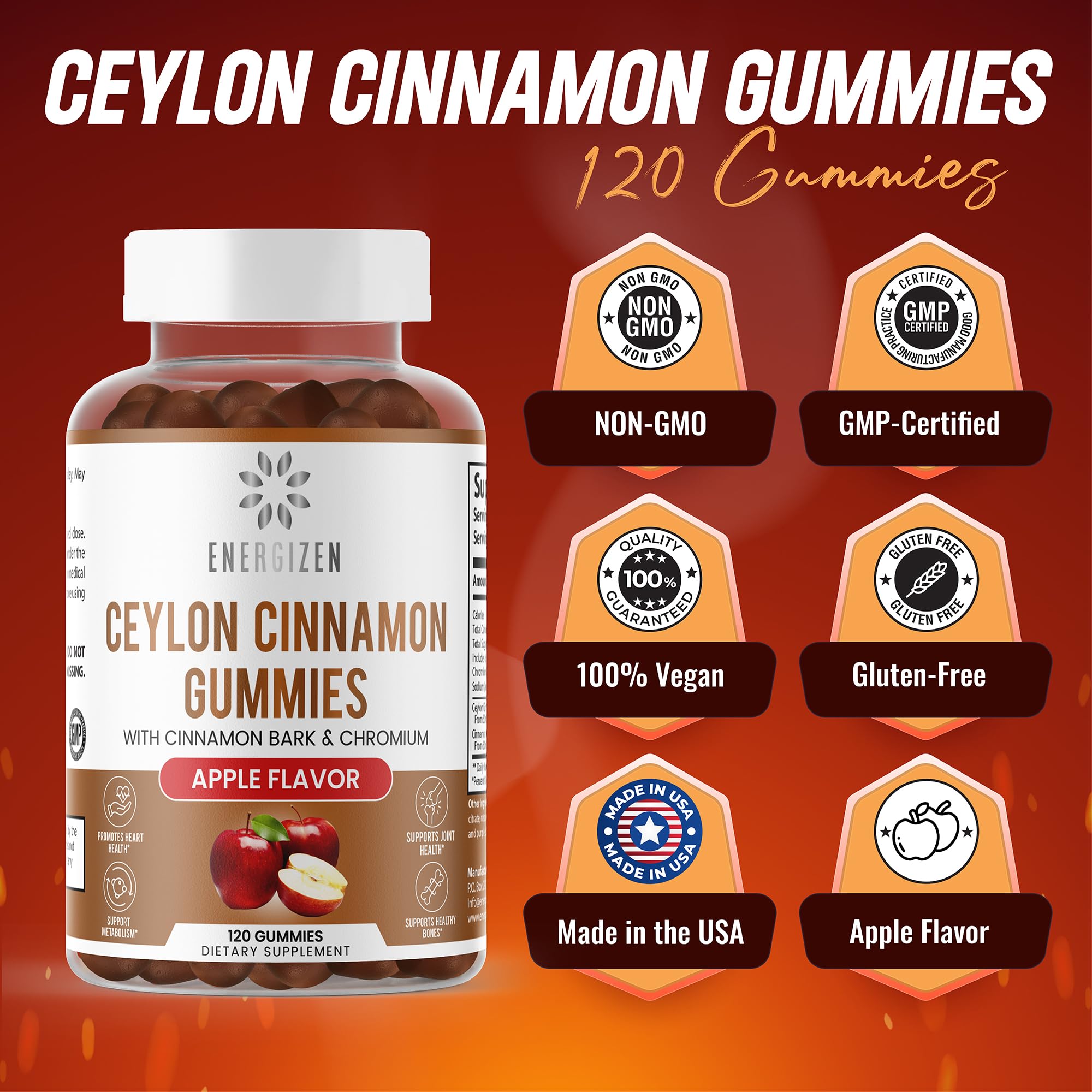Energizen Cinnamon + Chromium Gummies - 120 Vegan Gummies | Joint Pain & Brain Health Support, Sugar-Free, Non-GMO, Gluten-Free