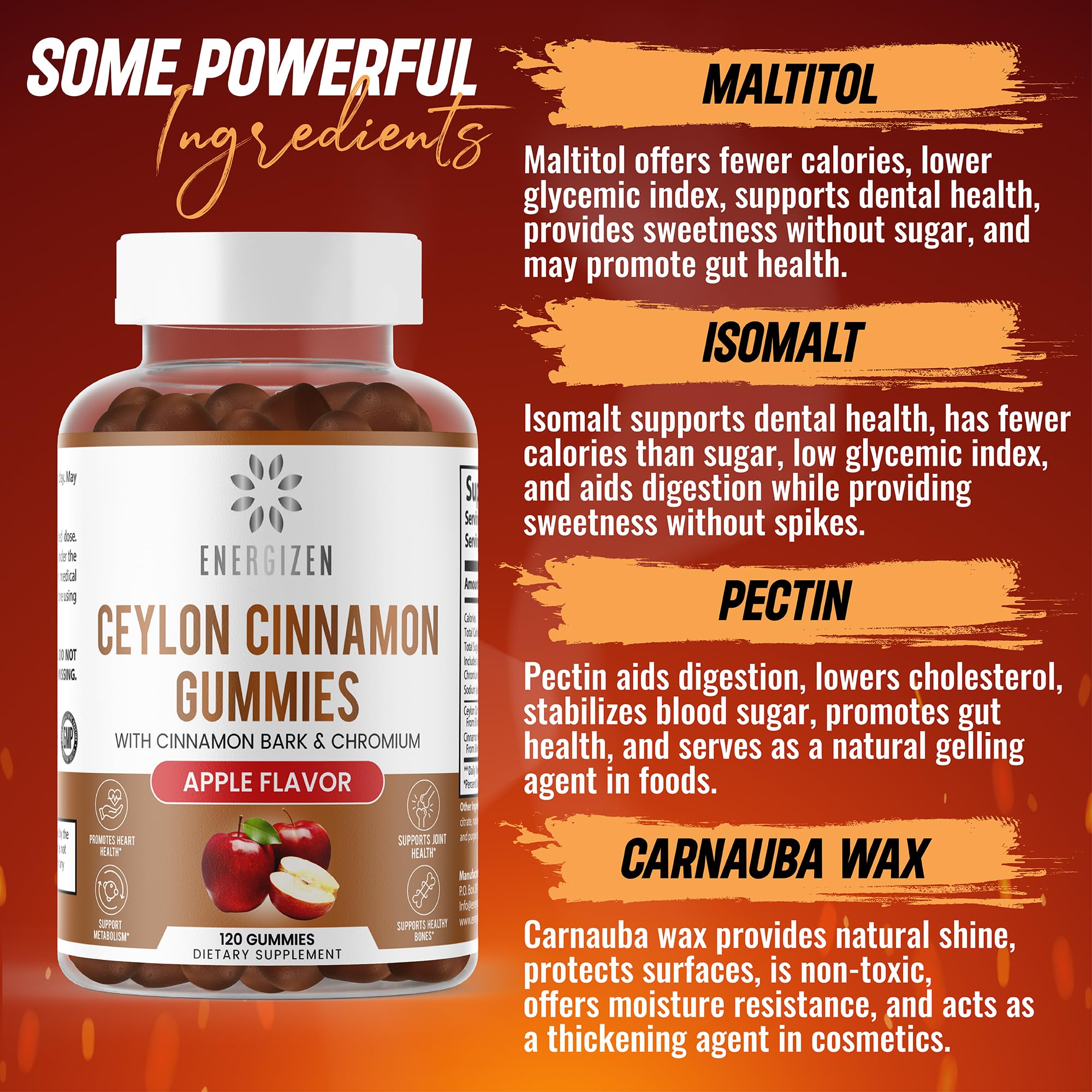 Energizen Cinnamon + Chromium Gummies - 120 Vegan Gummies | Joint Pain & Brain Health Support, Sugar-Free, Non-GMO, Gluten-Free