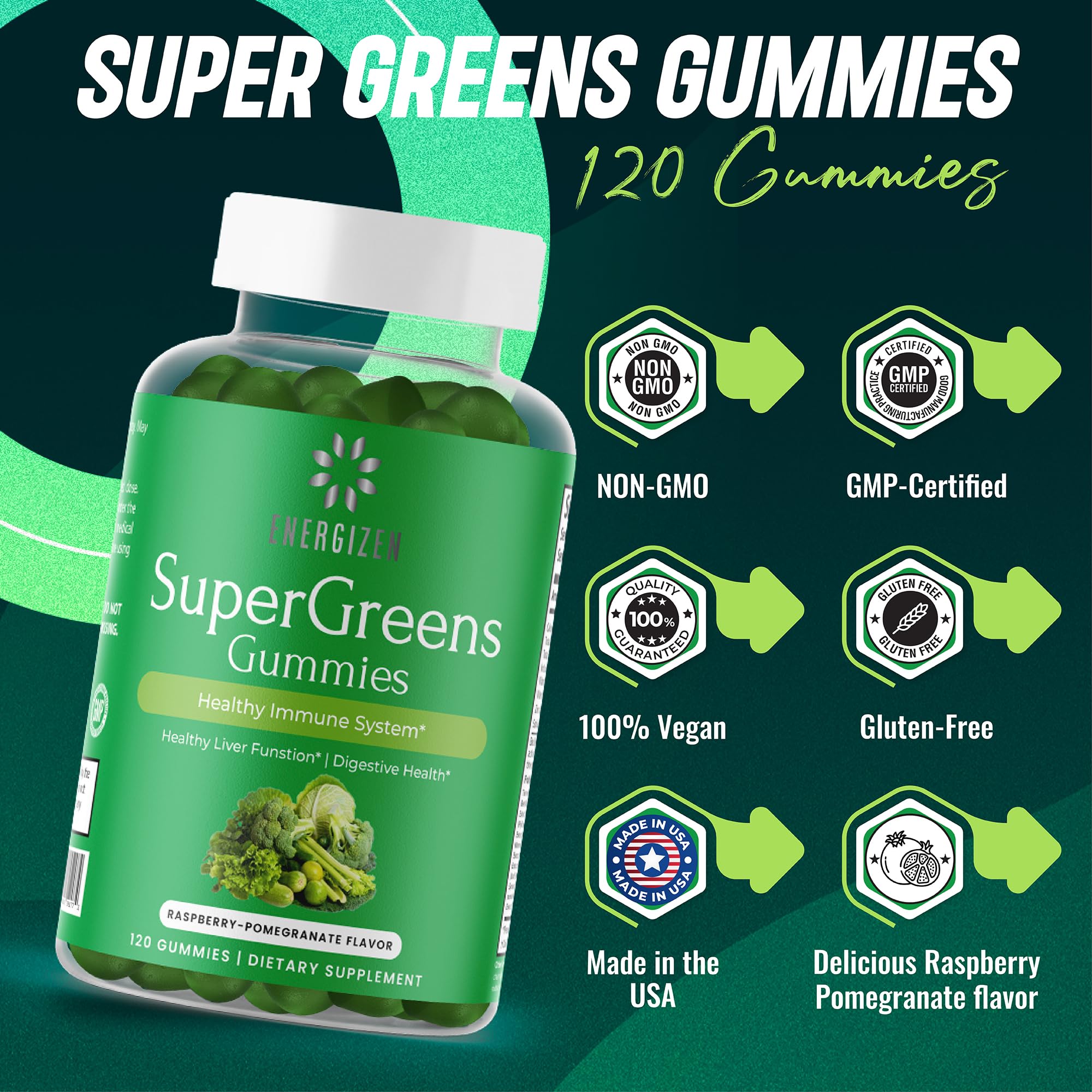 Energizen Green Superfood Gummies Plus – Liver Support, Digestive Health & Immunity (Vegan, Non-GMO, Gluten-Free) – Raspberry & Pomegranate, 120 Count