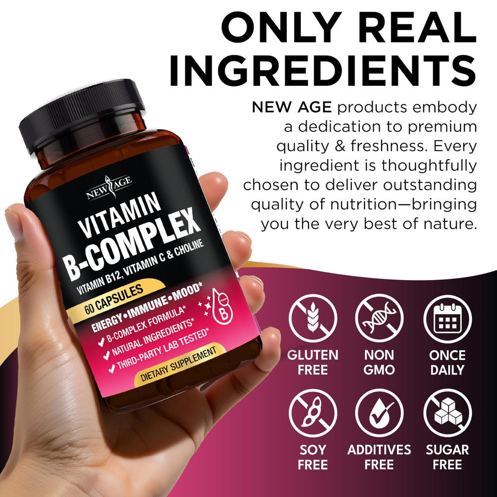 NEW AGE Vitamin B Complex for Men & Women — Made in USA, 180 Vegan Capsules