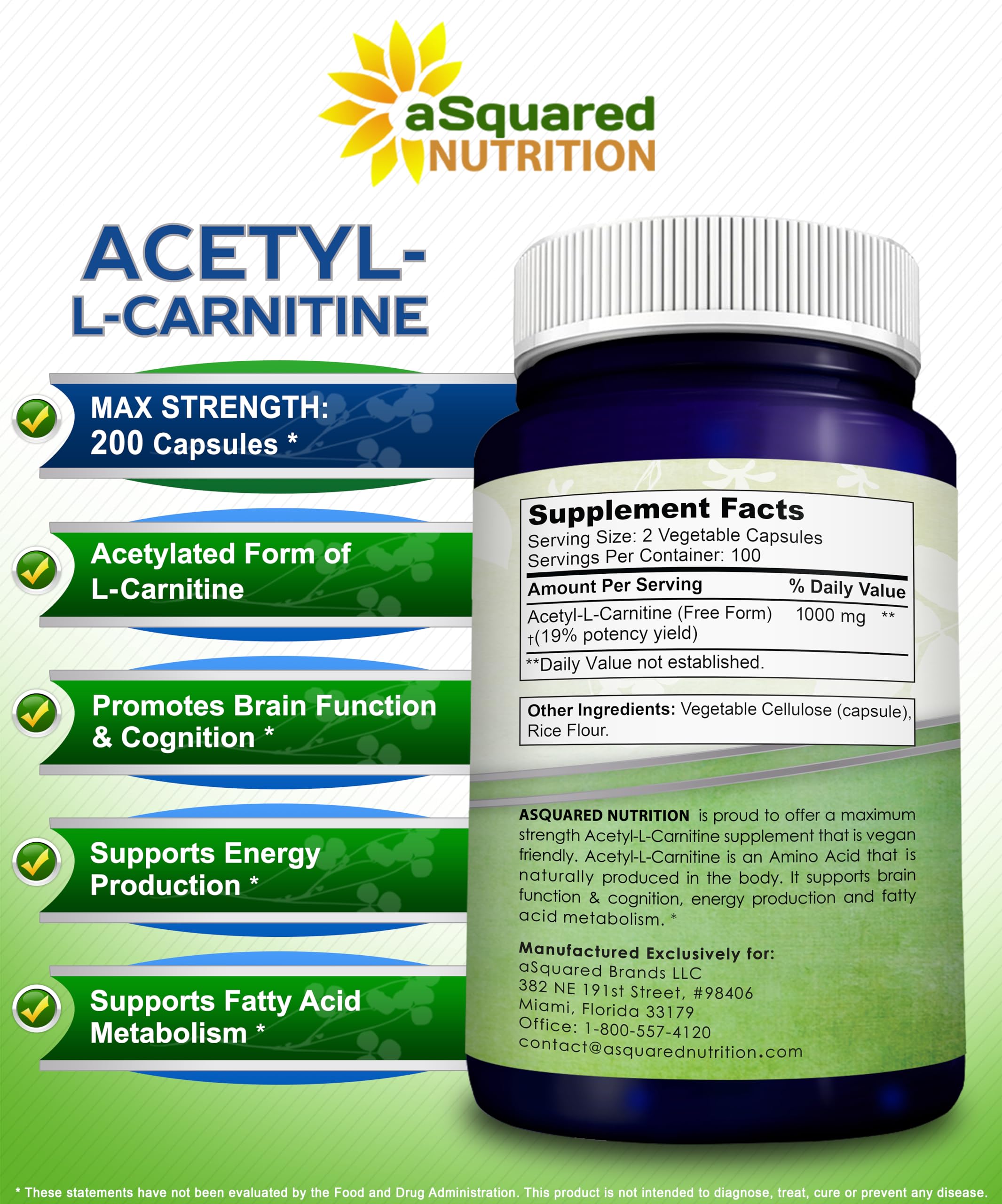 aSquared Nutrition Acetyl L-Carnitine 1000mg - 200 Veggie Capsules | High-Dose ALCAR for Energy & Brain Support