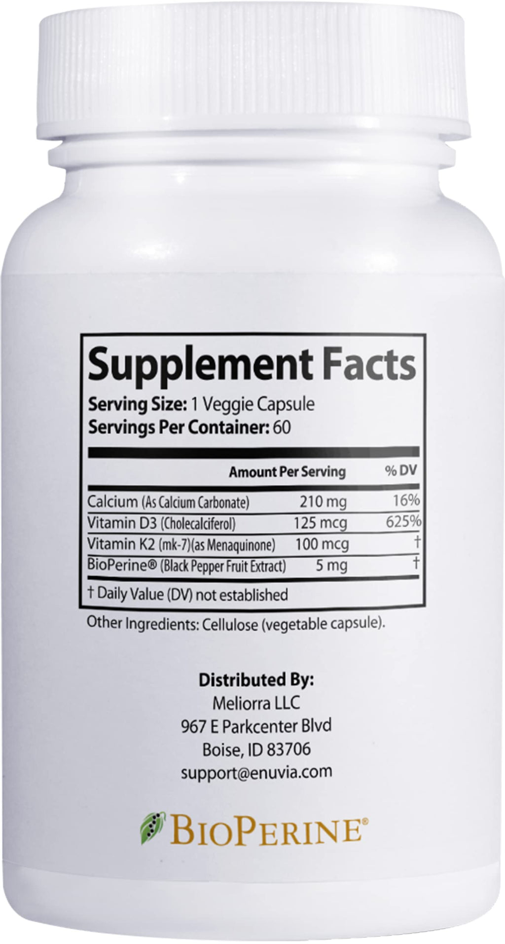 Enuvia D3+K2 Vitamin D3 K2 Supplement – 60 Veggie Capsules – Made in USA