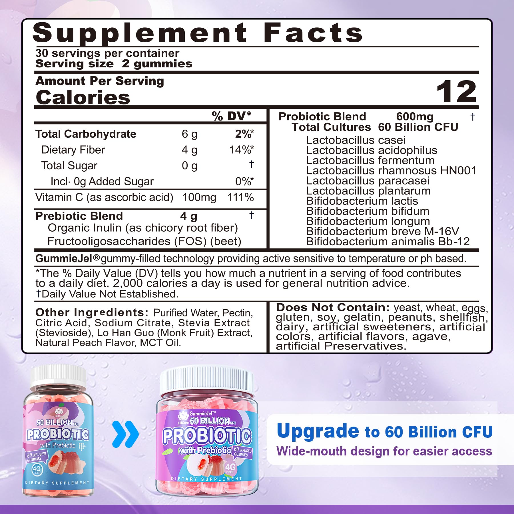 EnvyDeal Probiotic Gummies for Women & Men — 60B CFU, 11 Strains, Sugar Free, Peach, Vegan, 120 Count
