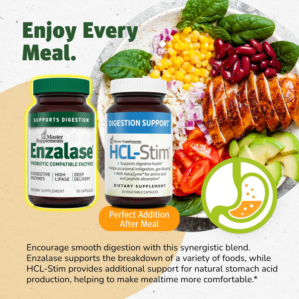 Master Supplements Enzalase - 50 Capsules | Probiotic-Compatible Digestive Enzymes | Gas & Bloating Relief | Gluten Free