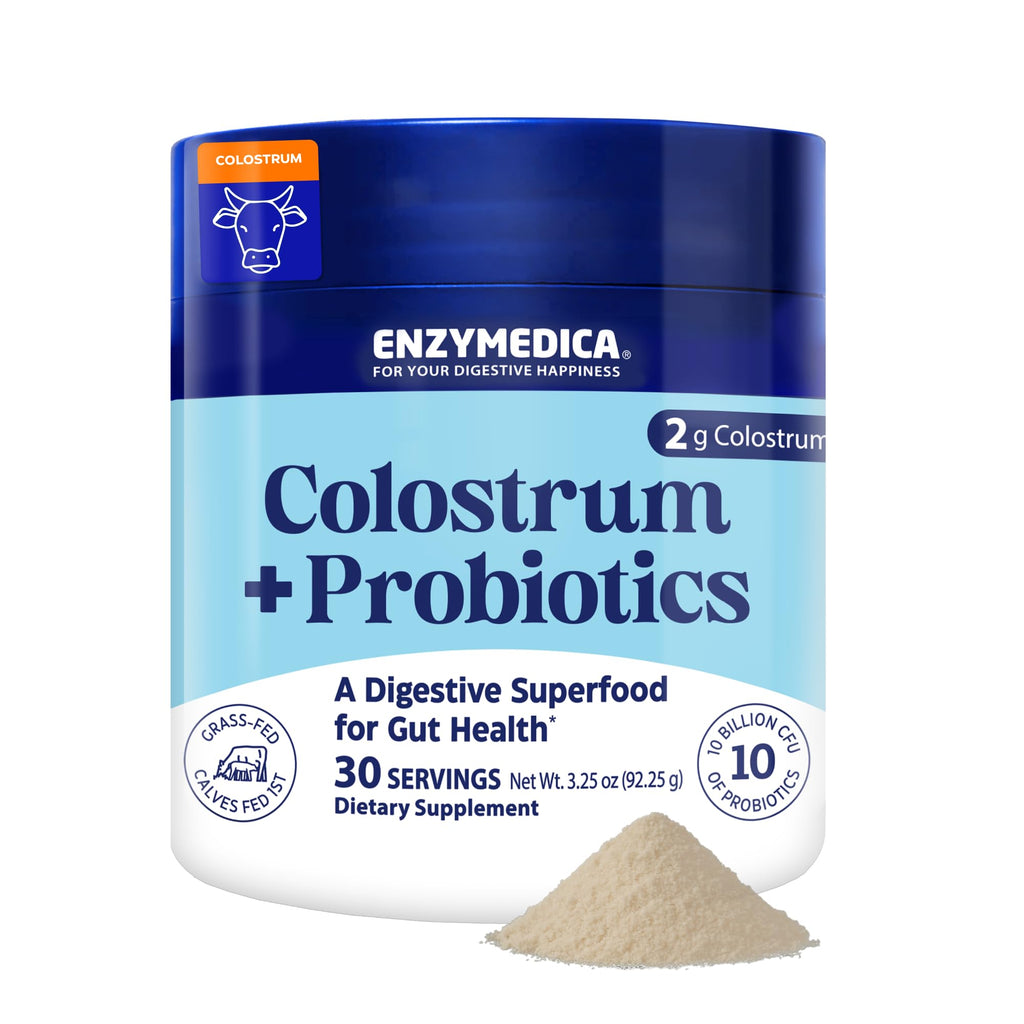 Enzymedica Colostrum Powder with Probiotics – Grass-Fed 2g Colostrum + 10B CFU | Gut & Immune Support, 30 Servings