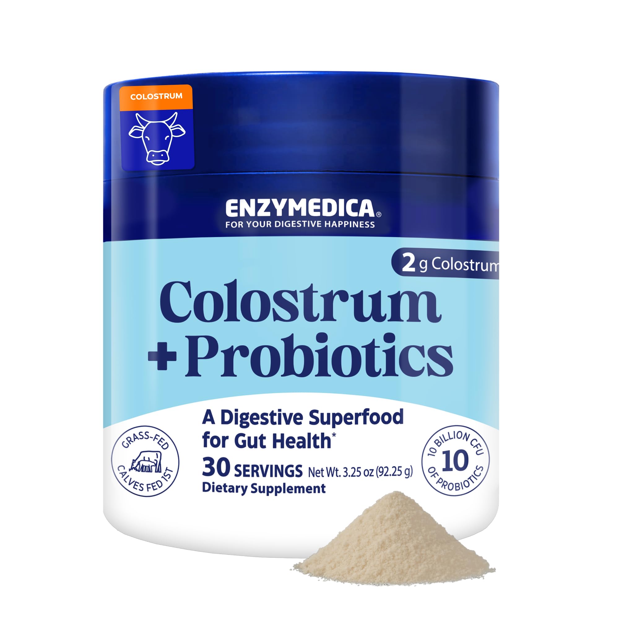Enzymedica Colostrum Powder with Probiotics – Grass-Fed 2g Colostrum + 10B CFU | Gut & Immune Support, 30 Servings