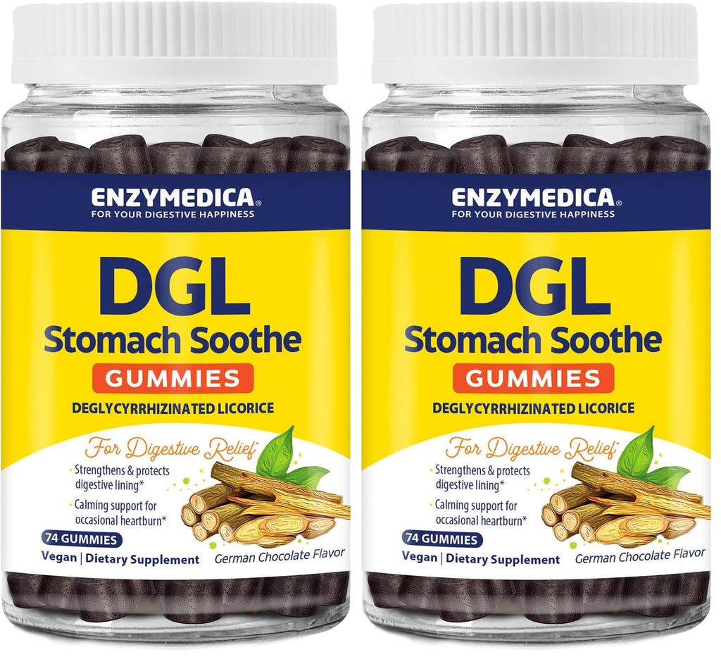 Enzymedica DGL Stomach Soothe – Deglycyrrhizinated Licorice Gummies for Digestive Support & Gut Health, Chocolate, 74 Count (Pack of 2)