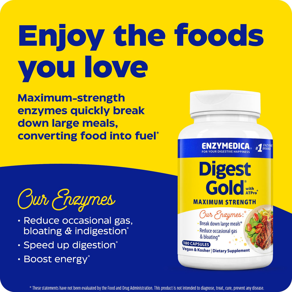 Enzymedica Digest Gold + ATPro — Maximum Strength Enzyme Formula, 14 Enzymes, 180 Capsules