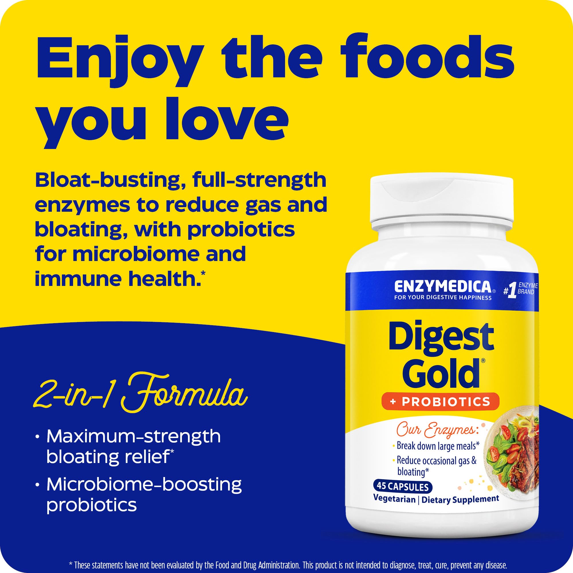 Enzymedica Digest Gold + Probiotics – 2-in-1 Digestive Enzymes & Probiotics, 1 Billion Cultures, 45 Count