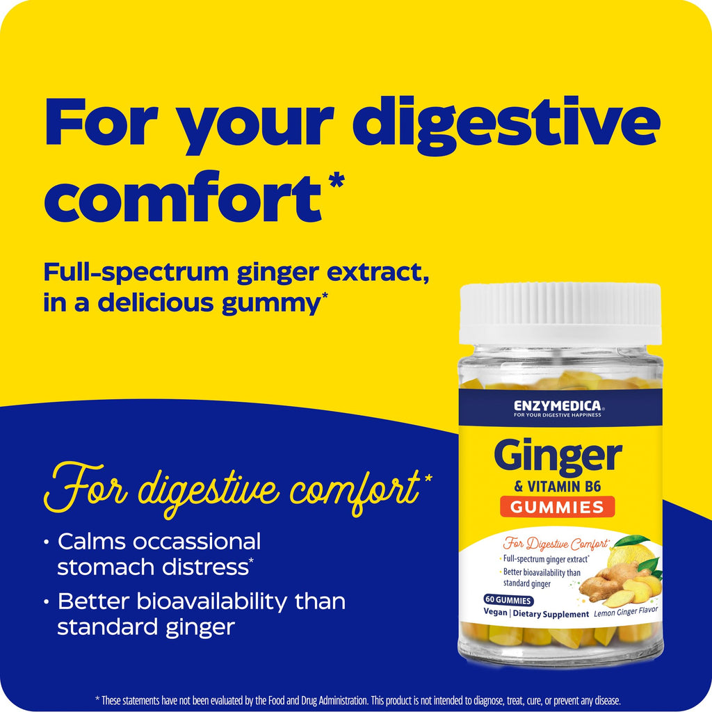 Enzymedica Ginger & Vitamin B6 Gummies — Support for Occasional Nausea & Indigestion, High Potency, 200 mg Ginger Equivalent, 60 Count