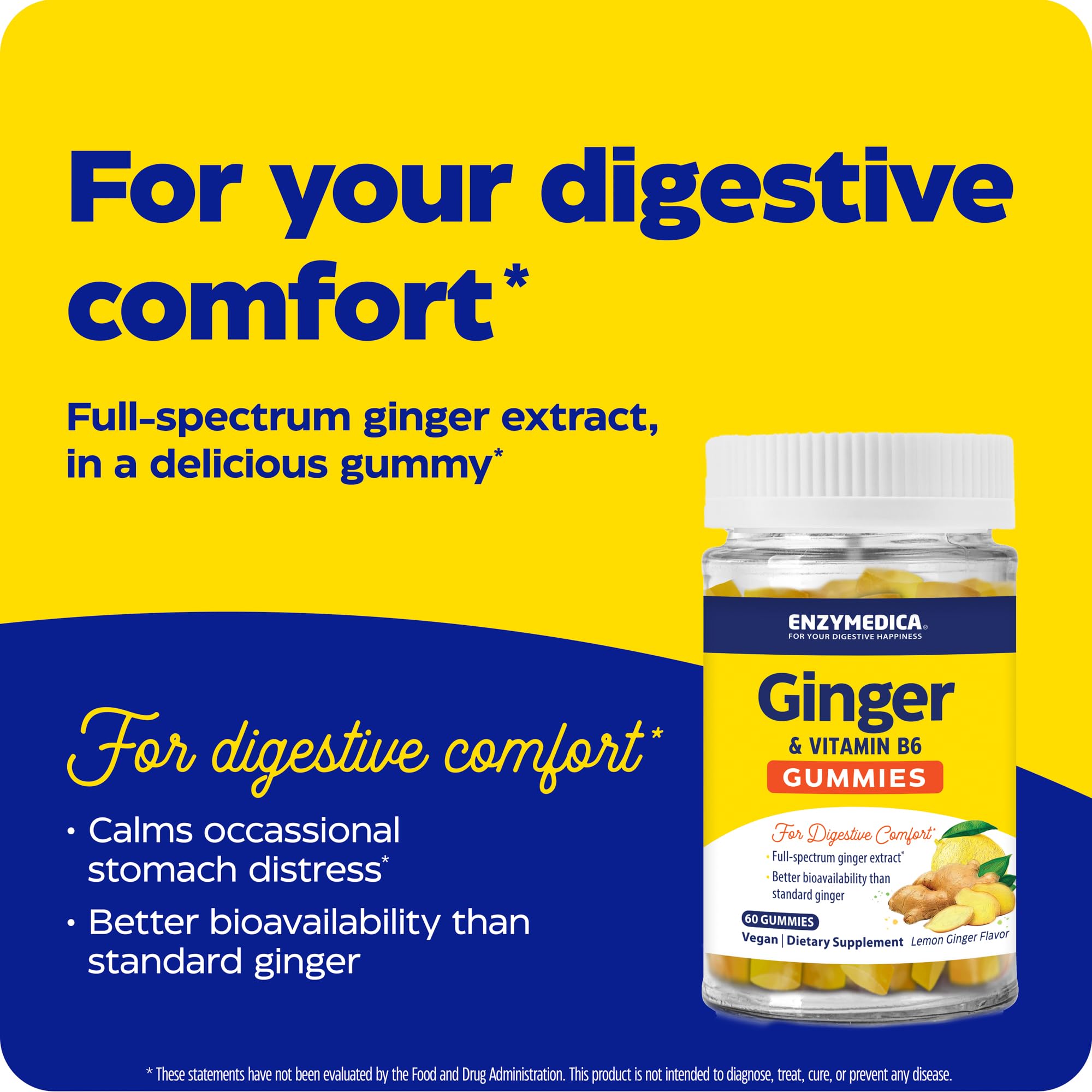Enzymedica Ginger & Vitamin B6 Gummies — Support for Occasional Nausea & Indigestion, High Potency, 200 mg Ginger Equivalent, 60 Count
