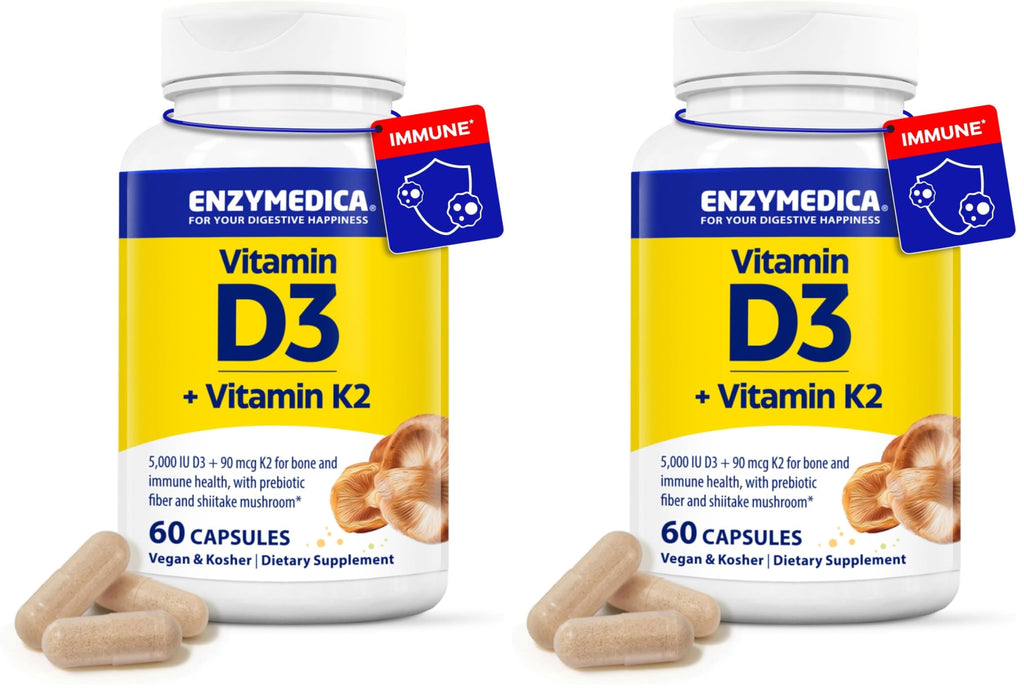 Enzymedica Organic Vitamin D3+K2 5,000 IU / 90 mcg MK-7 – Vegan, Shiitake & Prebiotic Fiber (60 Count Pack of 2)