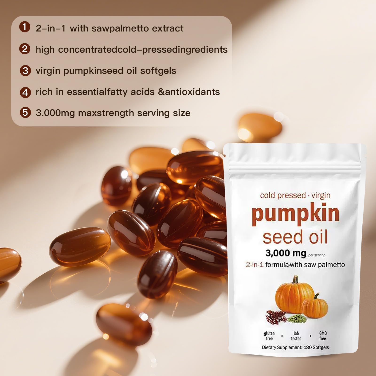 EOQIFJM Pumpkin Seed Oil + Saw Palmetto Capsules — 3000mg/Serving, 180 Softgels | Hair & Prostate Health | Non-GMO