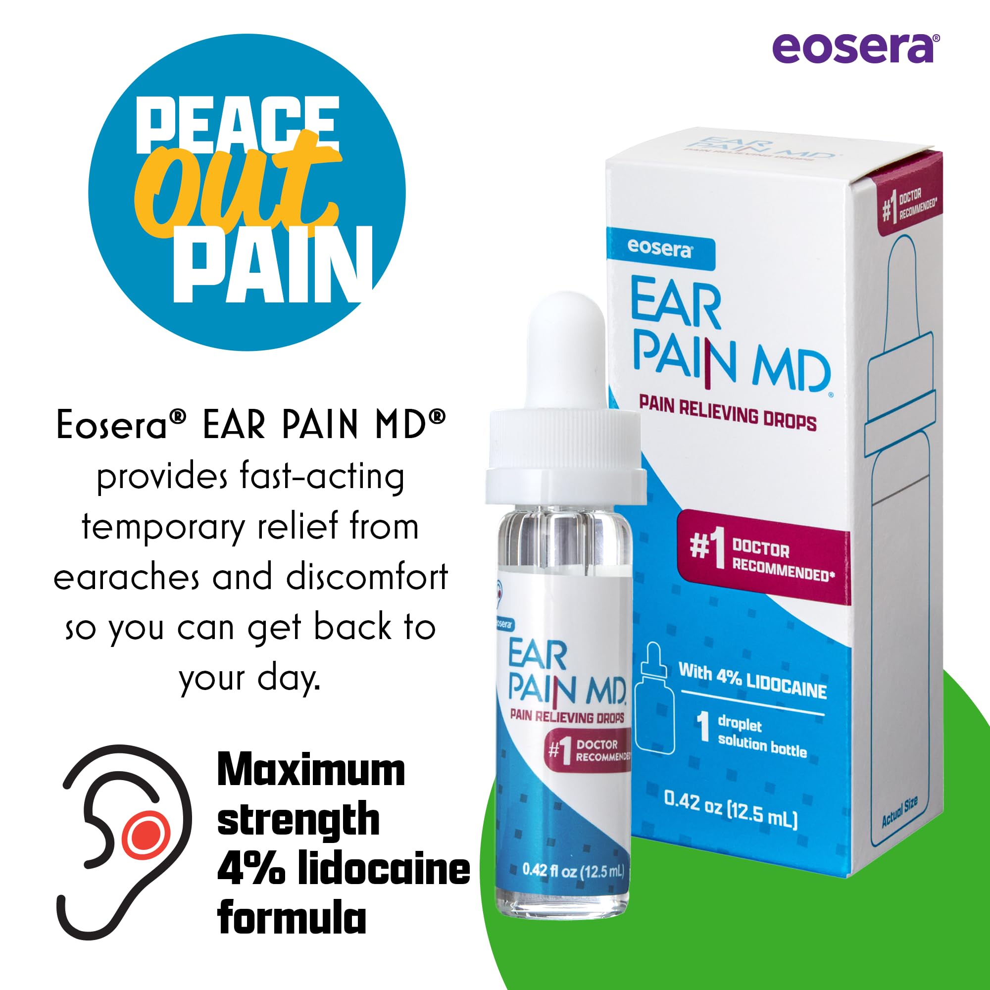 Ear Pain MD® 4% Lidocaine Ear Drops | Fast-Acting Earache Relief (12.5 mL) | Eosera