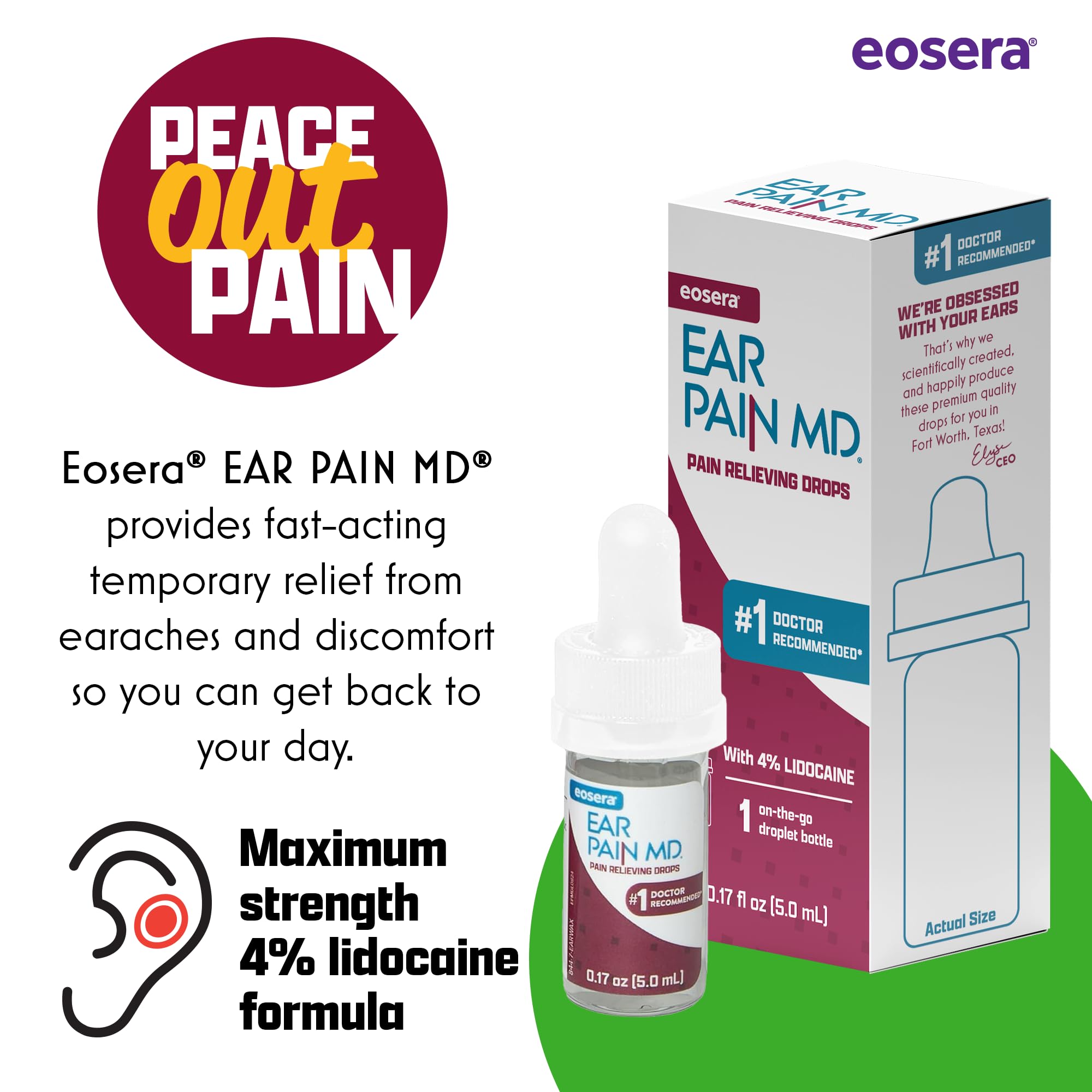 Eosera Ear Pain MD 4% Lidocaine Ear Drops – Maximum Strength Earache Relief for Adults & Kids (5 mL) | Earwax MD