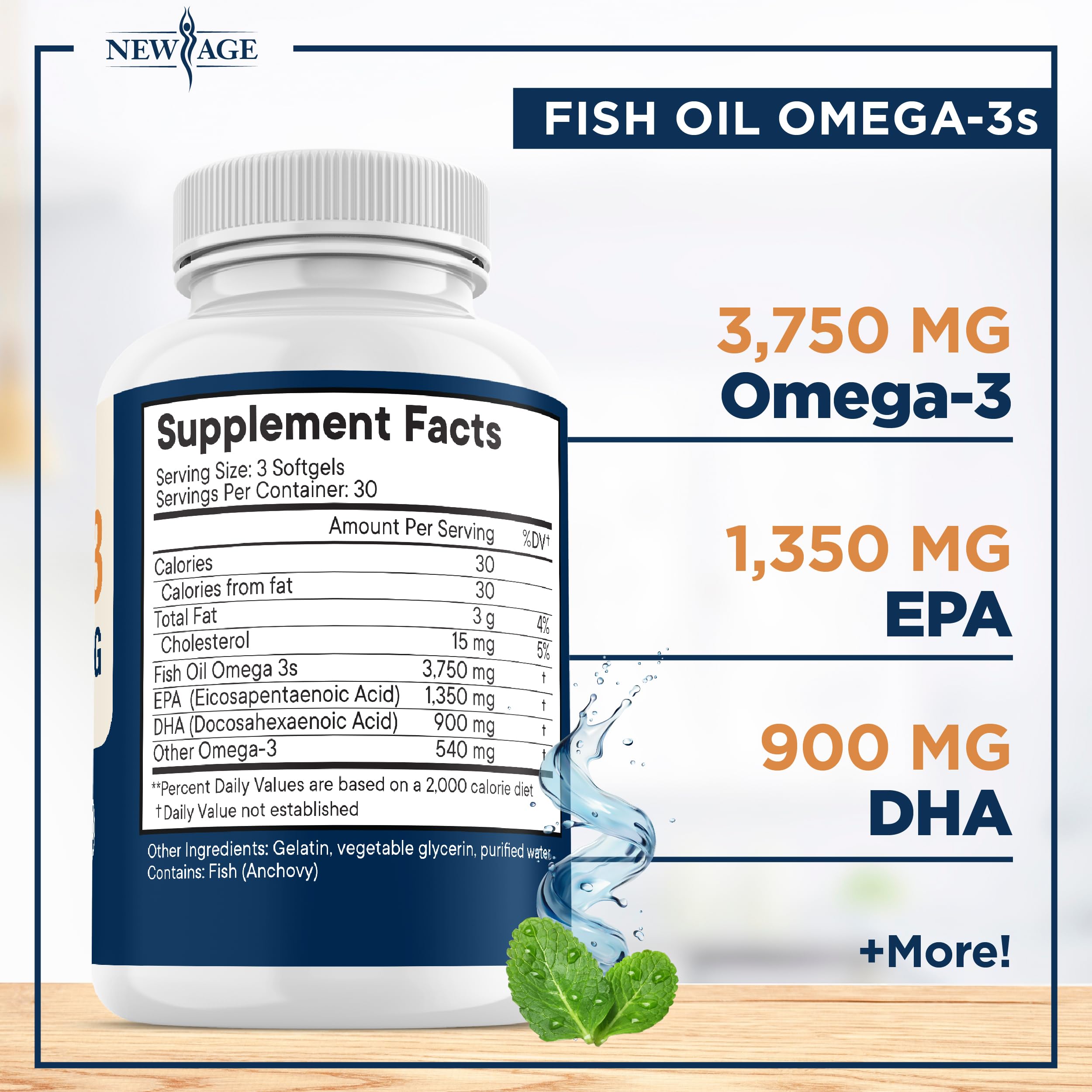 NEW AGE Triple Strength Omega 3 Fish Oil 3750 mg – 1350 mg EPA + 900 mg DHA | 270 Softgels
