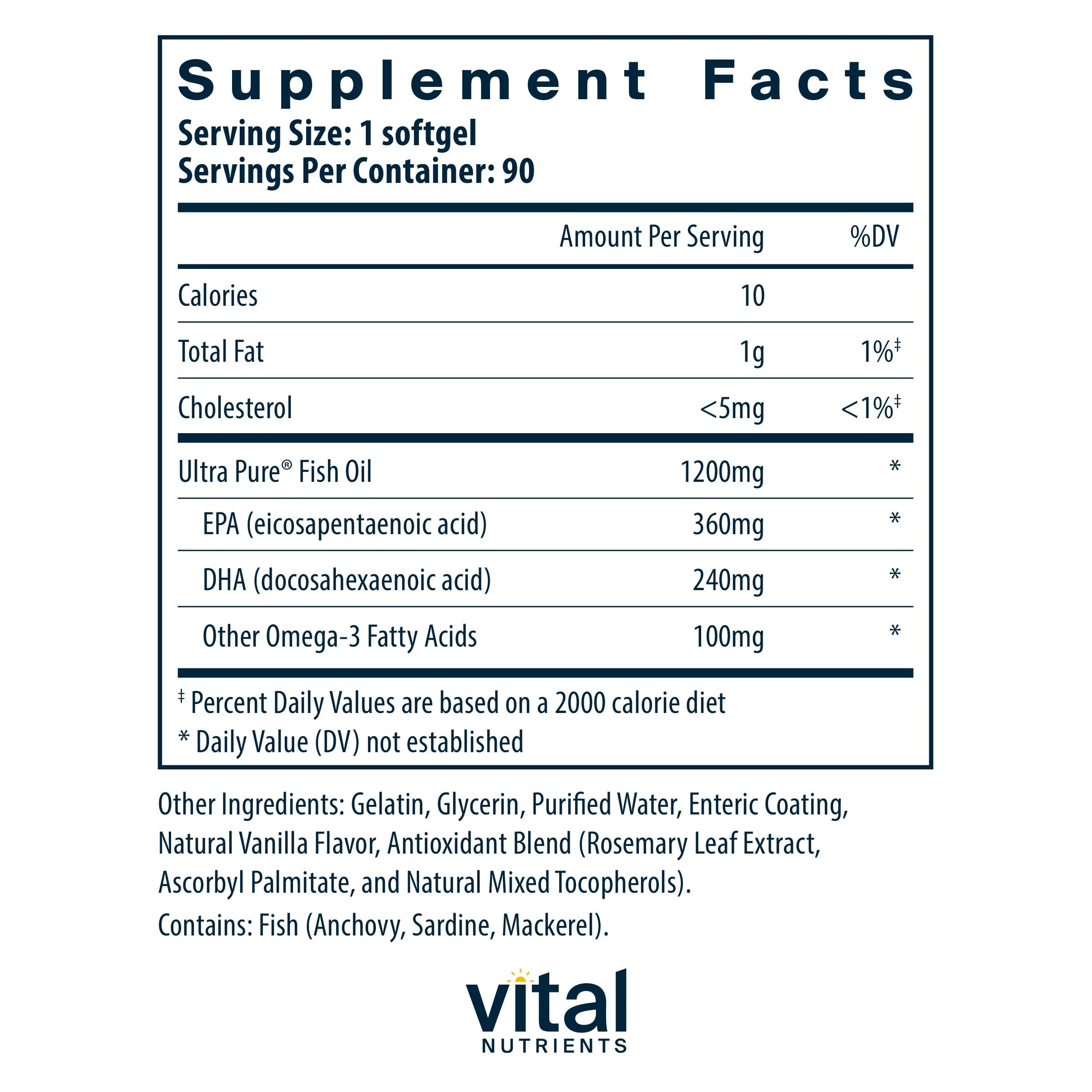 Vital Nutrients Ultra Pure Fish Oil 700 Enteric Coated – Heart, Brain & Immune Support | 90 Count