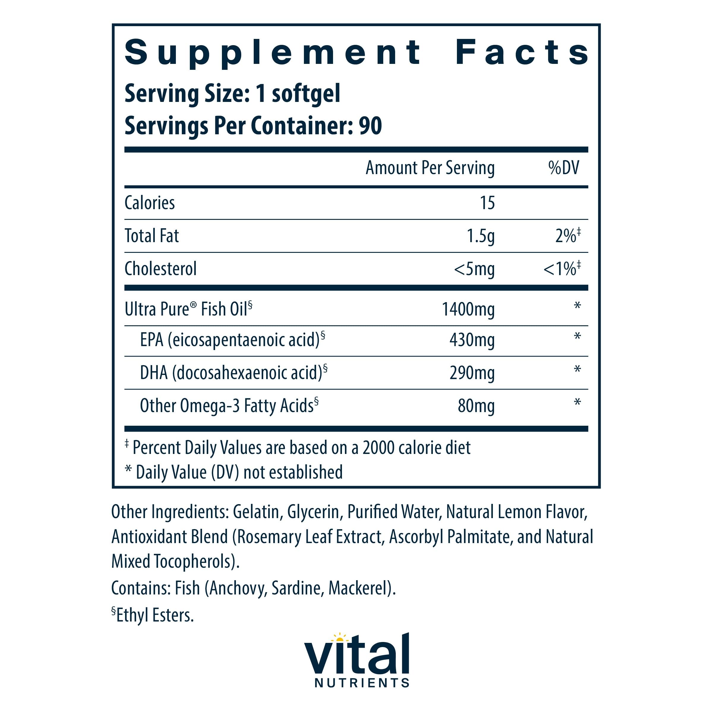 Vital Nutrients Ultra Pure Fish Oil 800 – High EPA & DHA Omega-3, Lemon, 90 Softgels