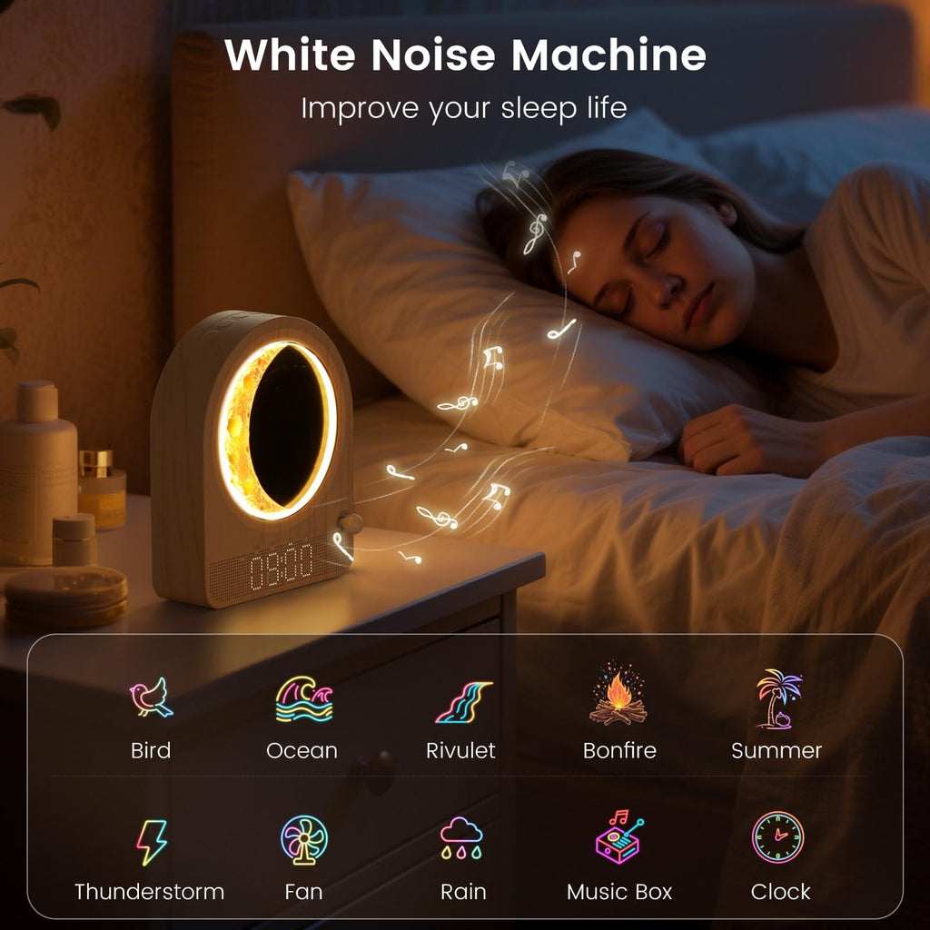 Epochleno Sunrise Alarm Clock with White Noise and Meteor Moonlight — 10 Soothing Sounds, Dual Alarms, 30/60/90min Timer
