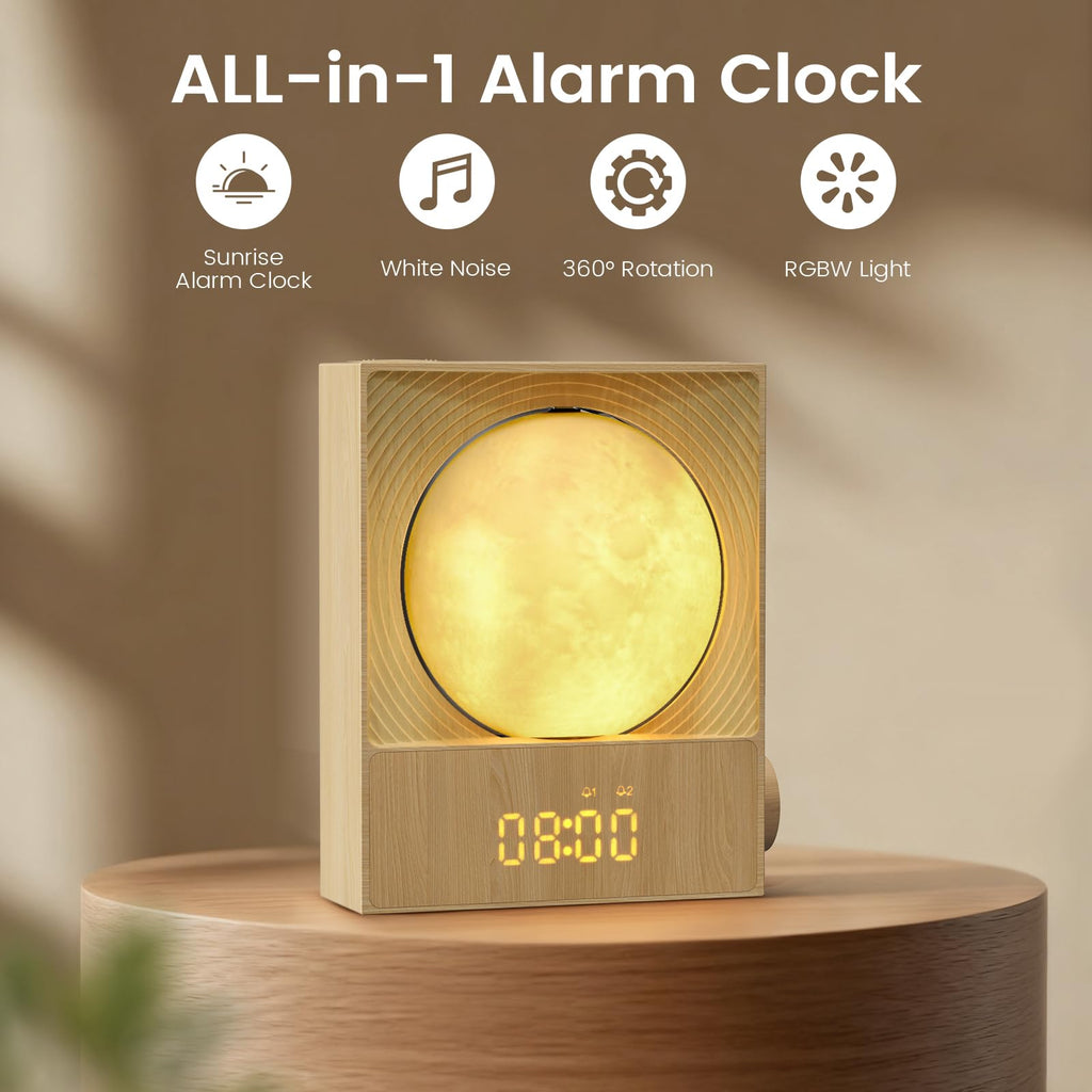 Epochleno Sunrise Alarm Clock — 360° Moonlight, 10 White Noise Sounds, Dual Alarm & Snooze