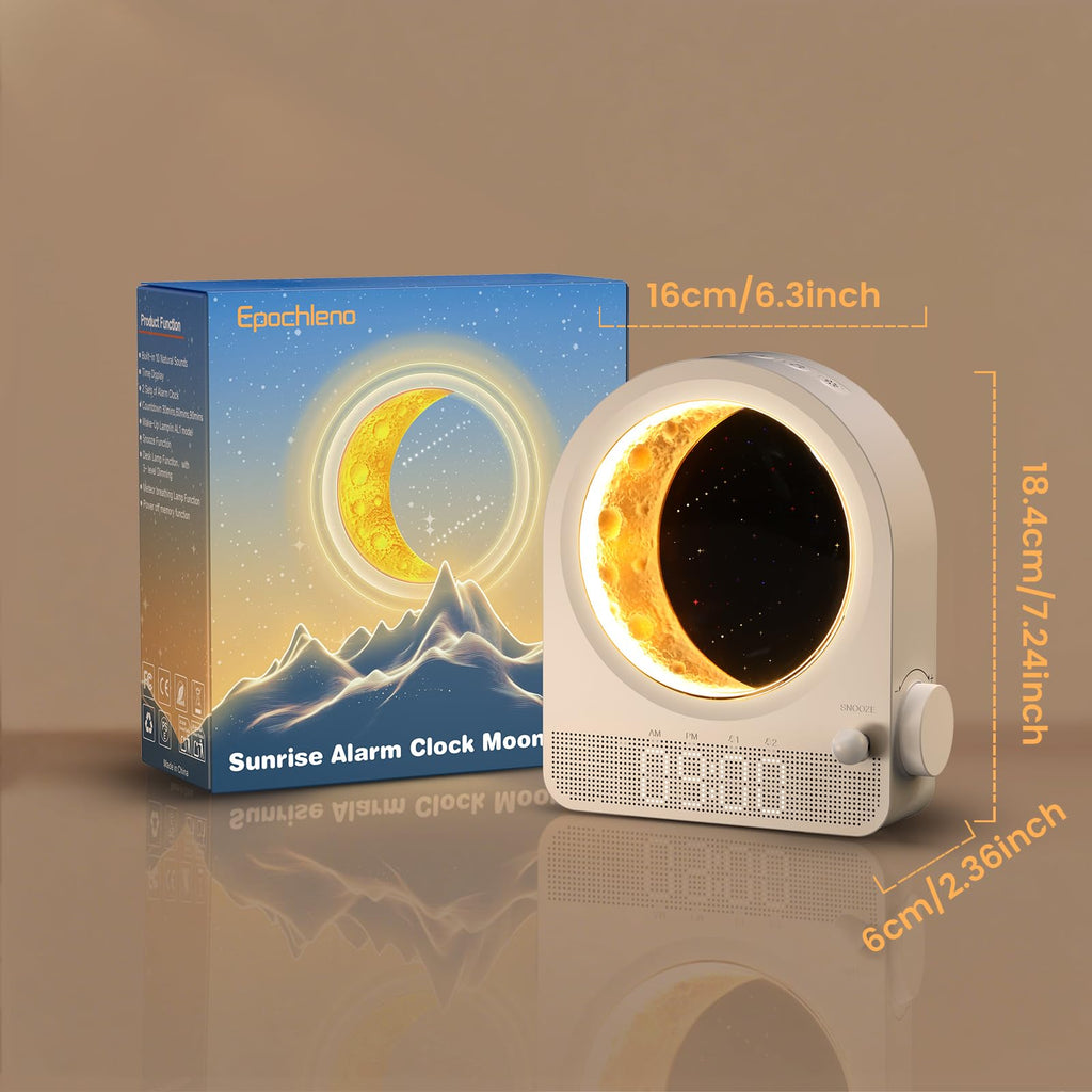 Epochleno Sunrise Alarm Clock — White Noise & Meteor Moonlight, 10 Sounds, Dual Alarms, 30/60/90 Min Timer