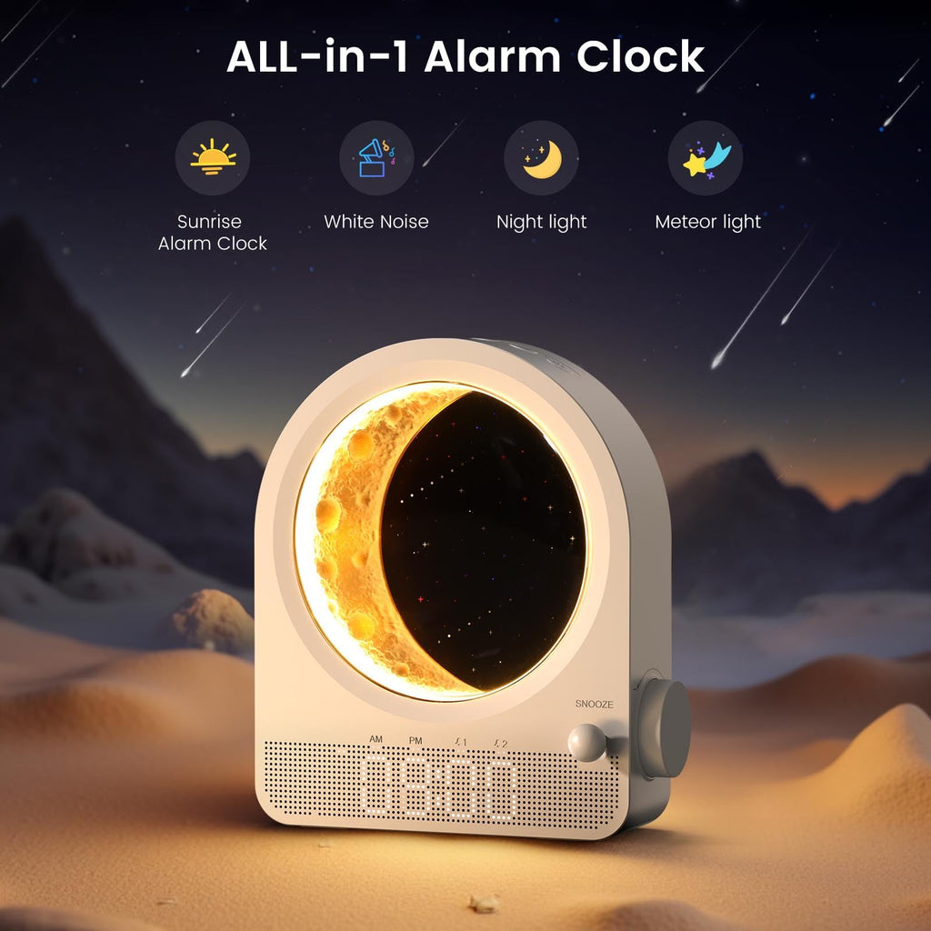 Epochleno Sunrise Alarm Clock — White Noise & Meteor Moonlight, 10 Sounds, Dual Alarms, 30/60/90 Min Timer