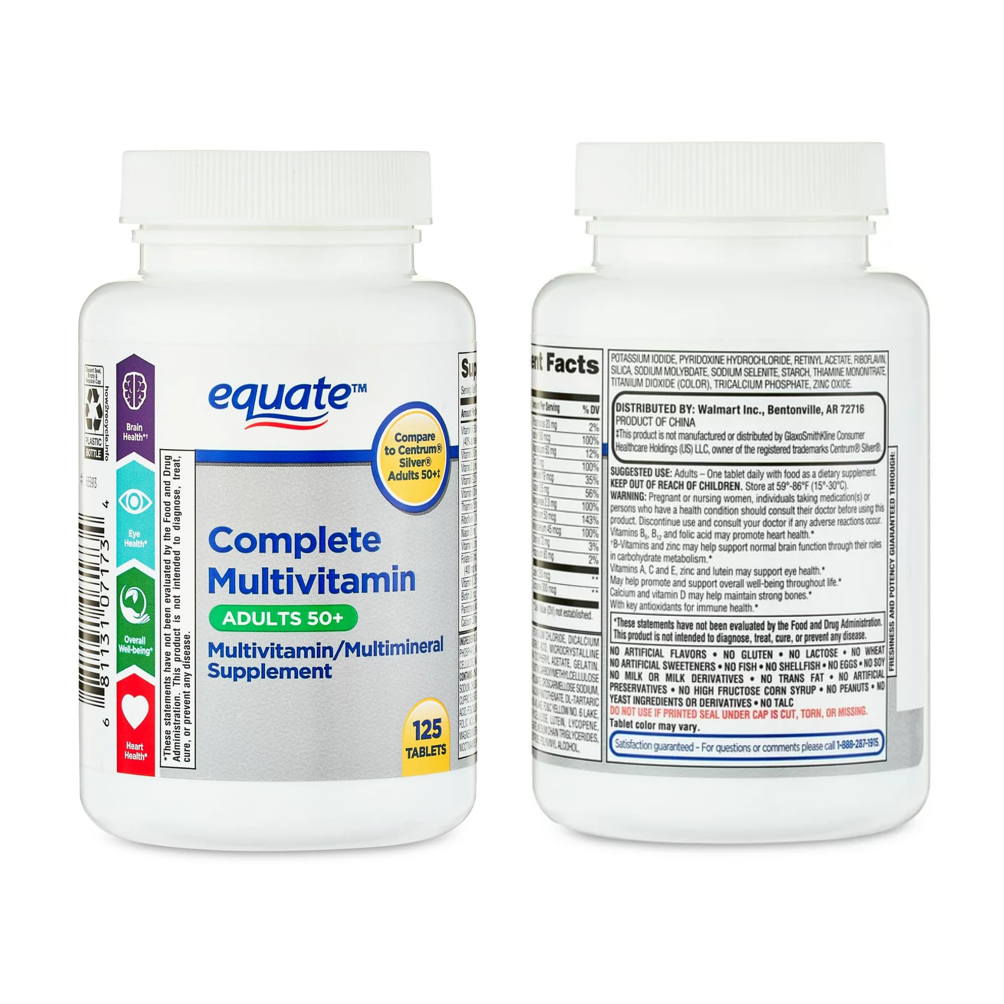 Equate 50+ One Daily Multivitamin - Healthy Brain, 125 Pills | Compare to Centrum Silver