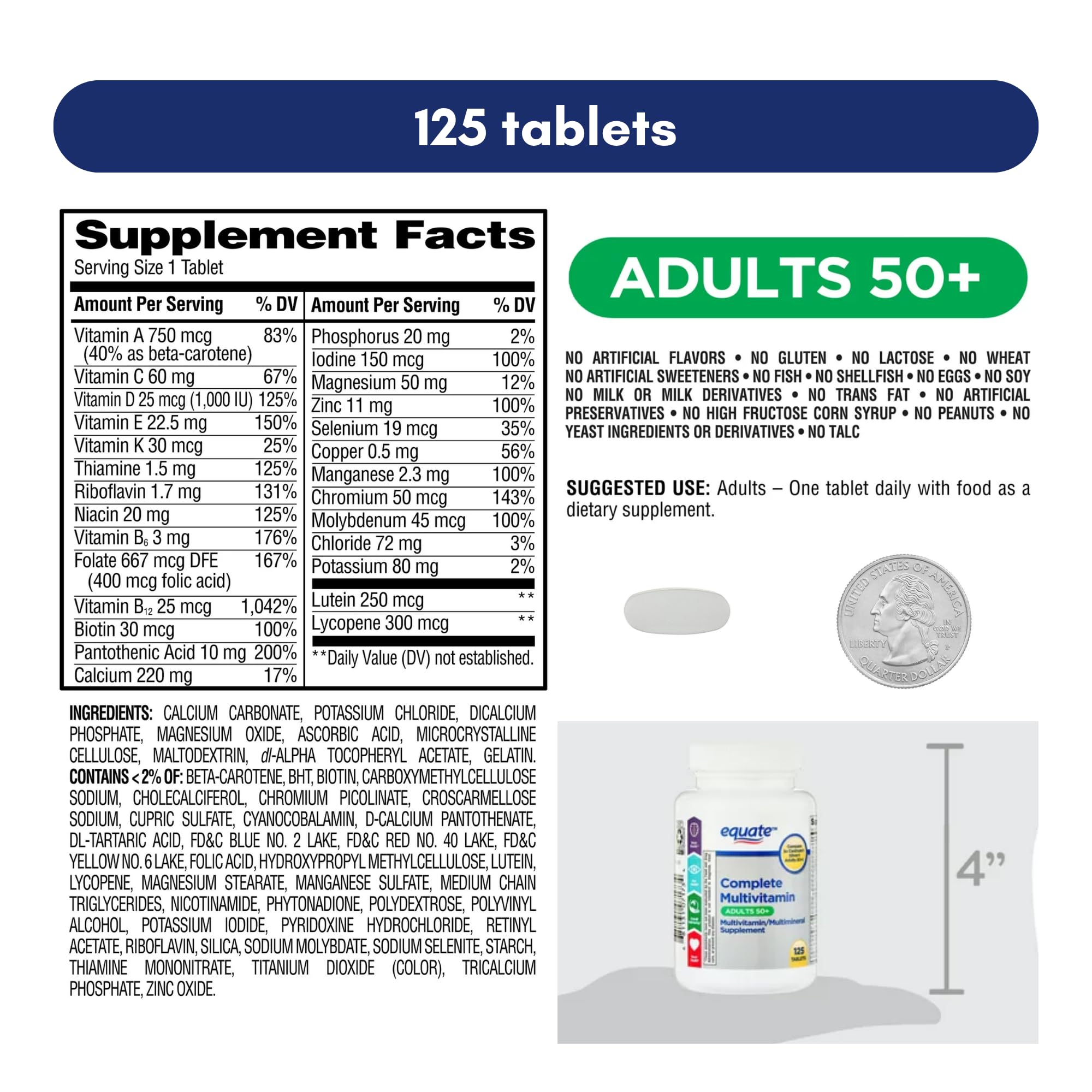 Equate 50+ One Daily Multivitamin - Healthy Brain, 125 Pills | Compare to Centrum Silver