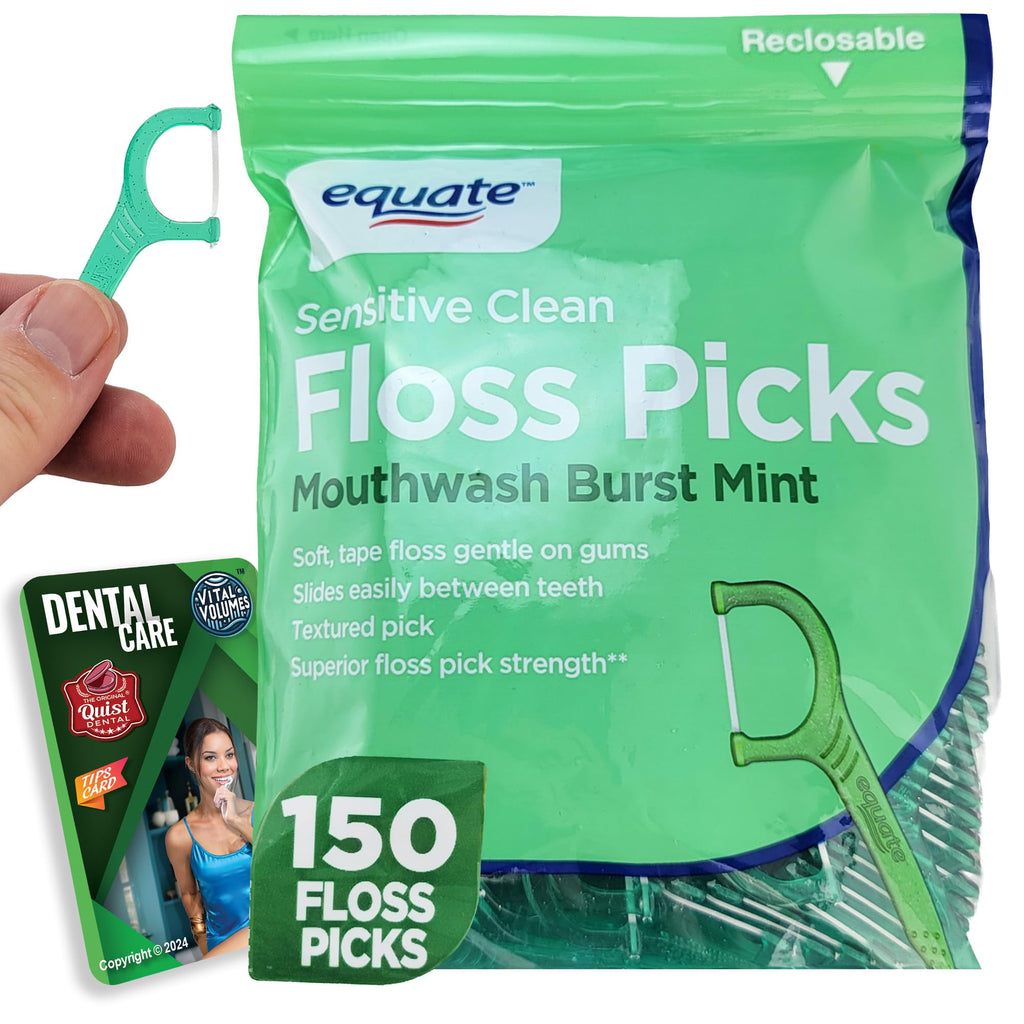 Equate Mint Flossers 150 Count & Vital Volumes Dental Tips Card Bundle | Dental Hygiene
