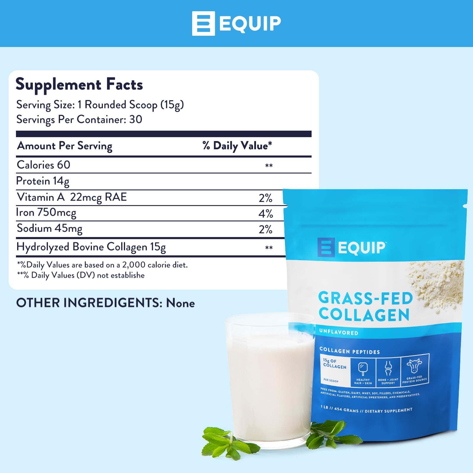 Equip Foods Grass Fed Collagen Powder – Unflavored, 30 Servings, Non-GMO