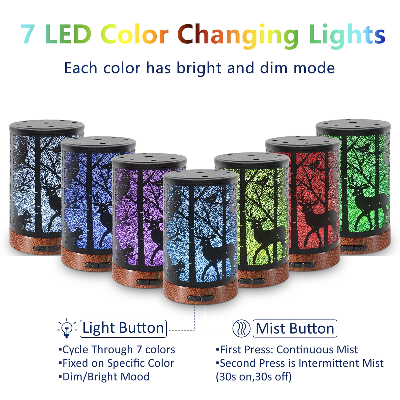 EQUSUPRO 150ml Metal Essential Oil Diffuser – Ultrasonic Cool Mist, Auto Shut-Off, 7-Color LED, Deer Pattern
