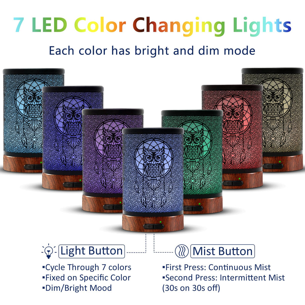 EQUSUPRO 150ml Metal Owl Essential Oil Diffuser - Auto Shut-Off, 7 LED Colors