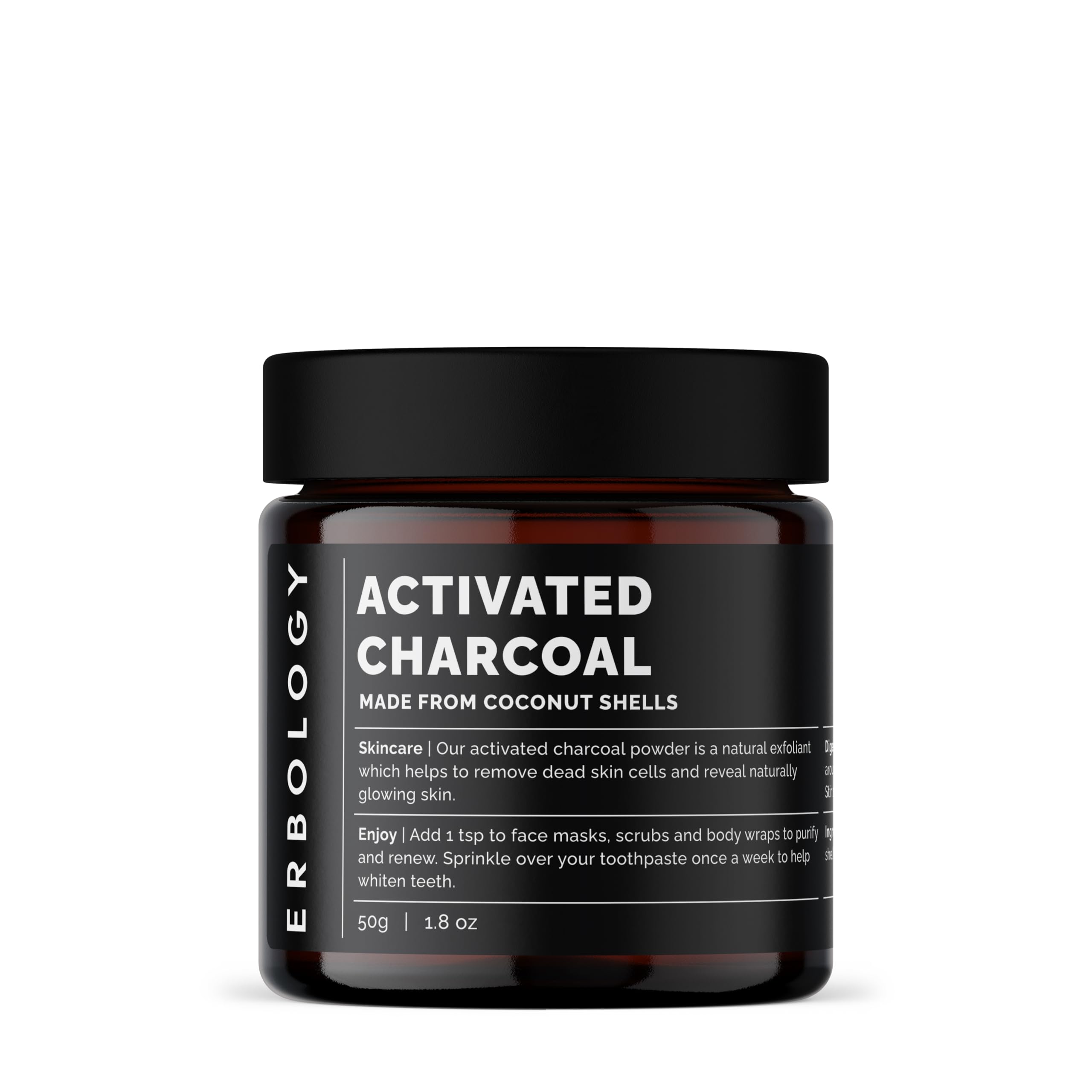Erbology Activated Charcoal Powder 1.8 oz - Teeth Whitening & Natural Exfoliation - Digestive Aid - Vegan