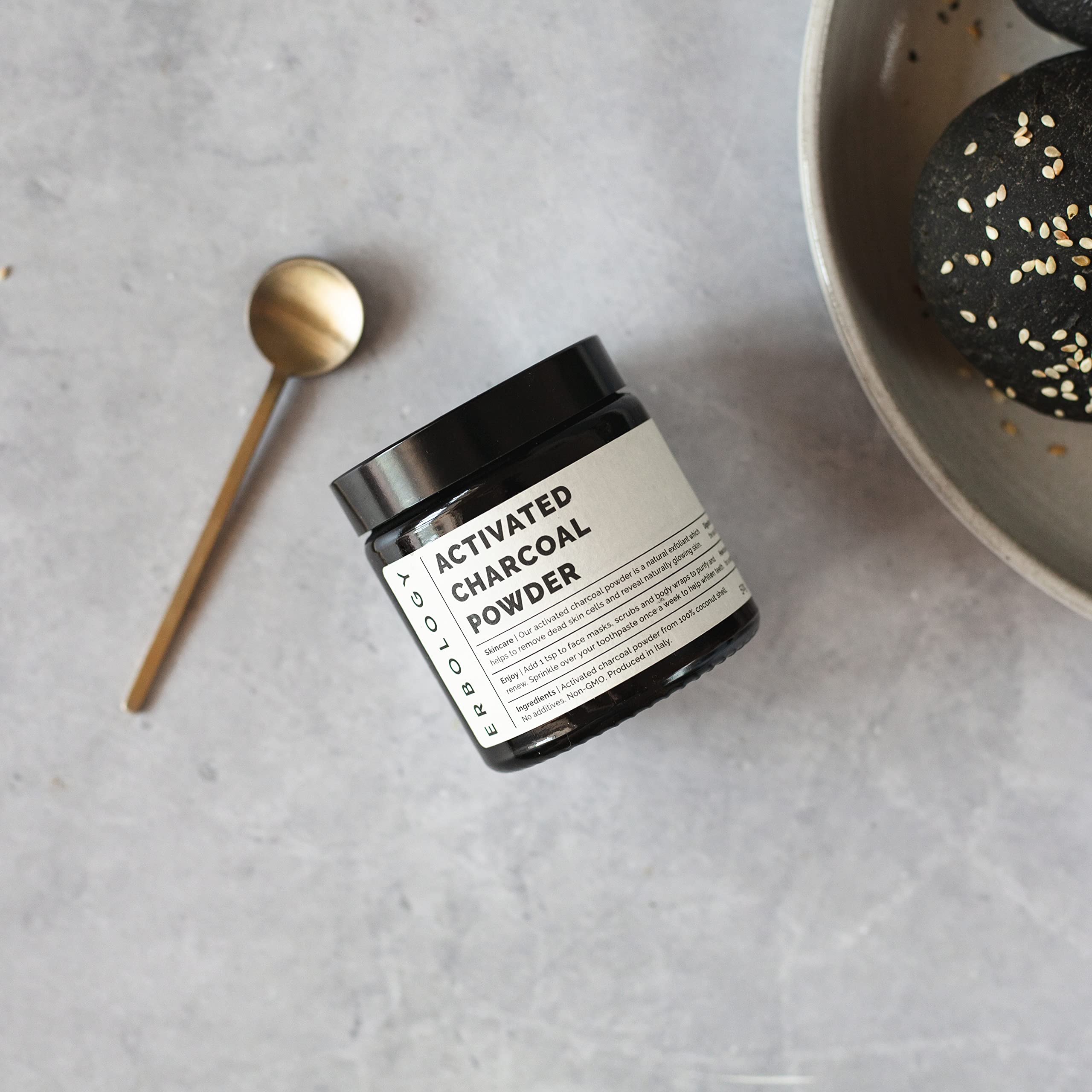 Erbology Activated Charcoal Powder 1.8 oz - Teeth Whitening & Natural Exfoliation - Digestive Aid - Vegan