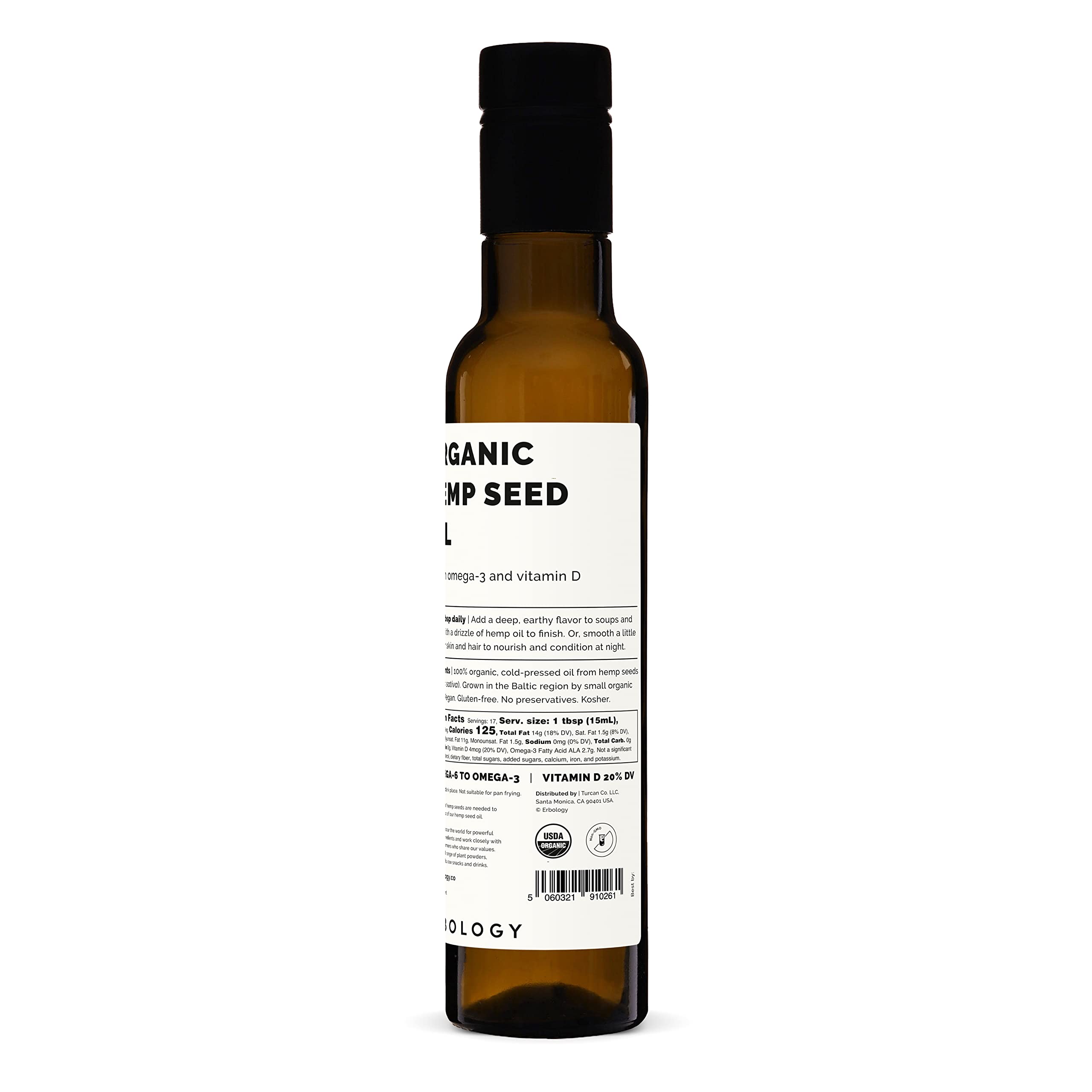 Erbology Organic Hemp Seed Oil 8.5 fl oz | Cold-Pressed, Omega-3 Rich, Vitamin D & E