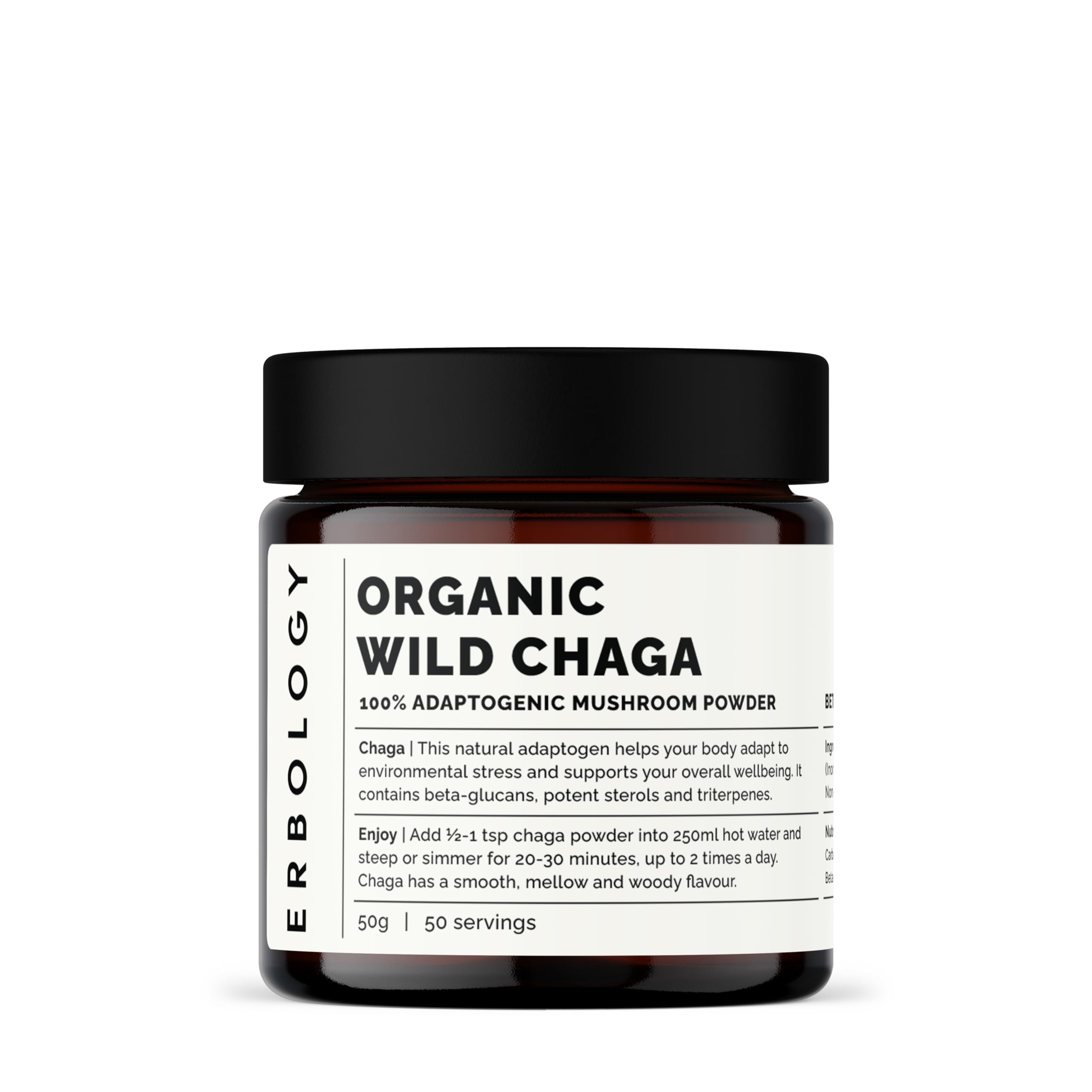 Erbology Organic Chaga Mushroom Powder – 50 Servings, 7% Beta-glucans