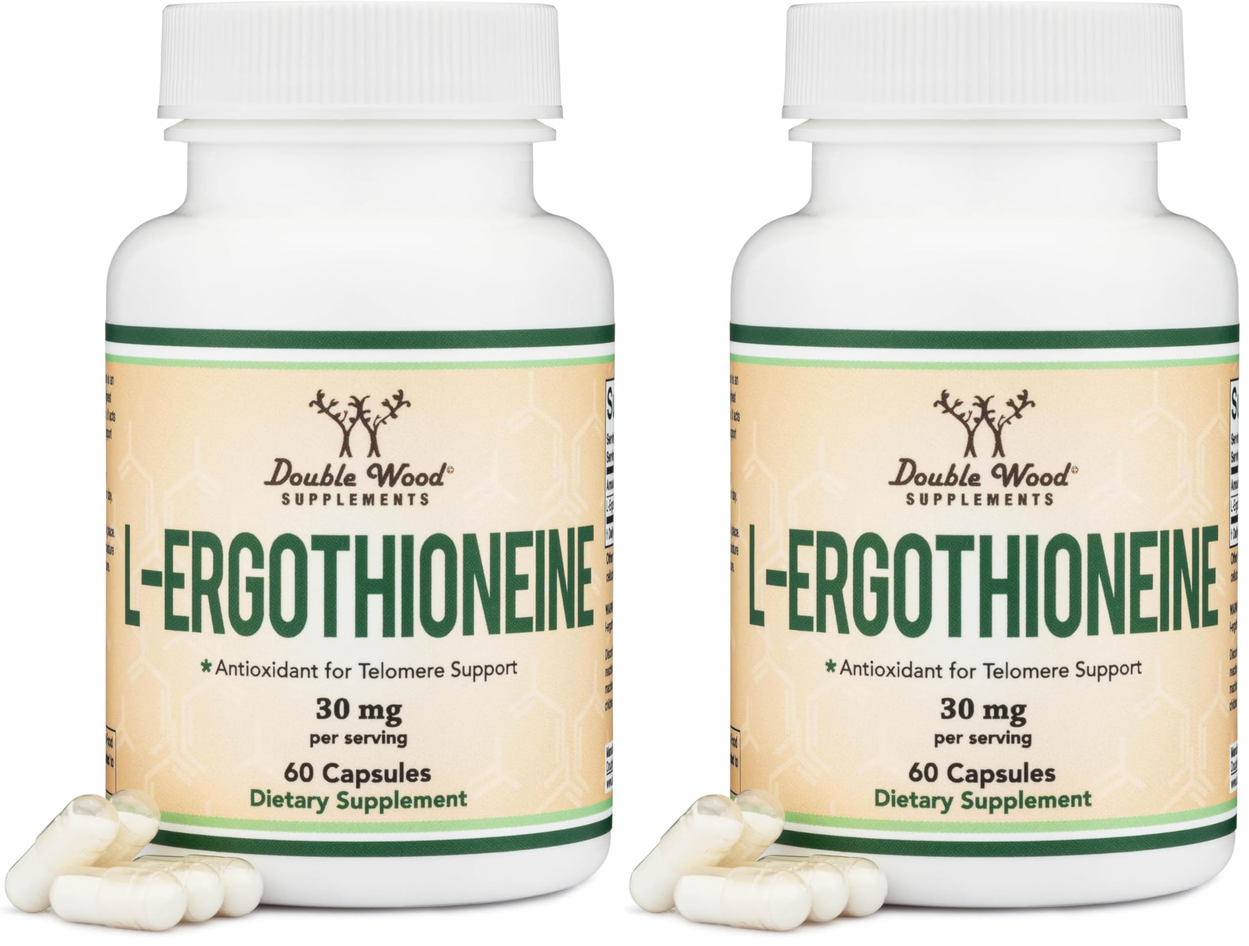 Ergothioneine 30mg Supplement - 60 Count, Plant-Based L-Ergothioneine (Non-GMO, Gluten Free, Vegan Safe) - Double Wood (Pack of 2)