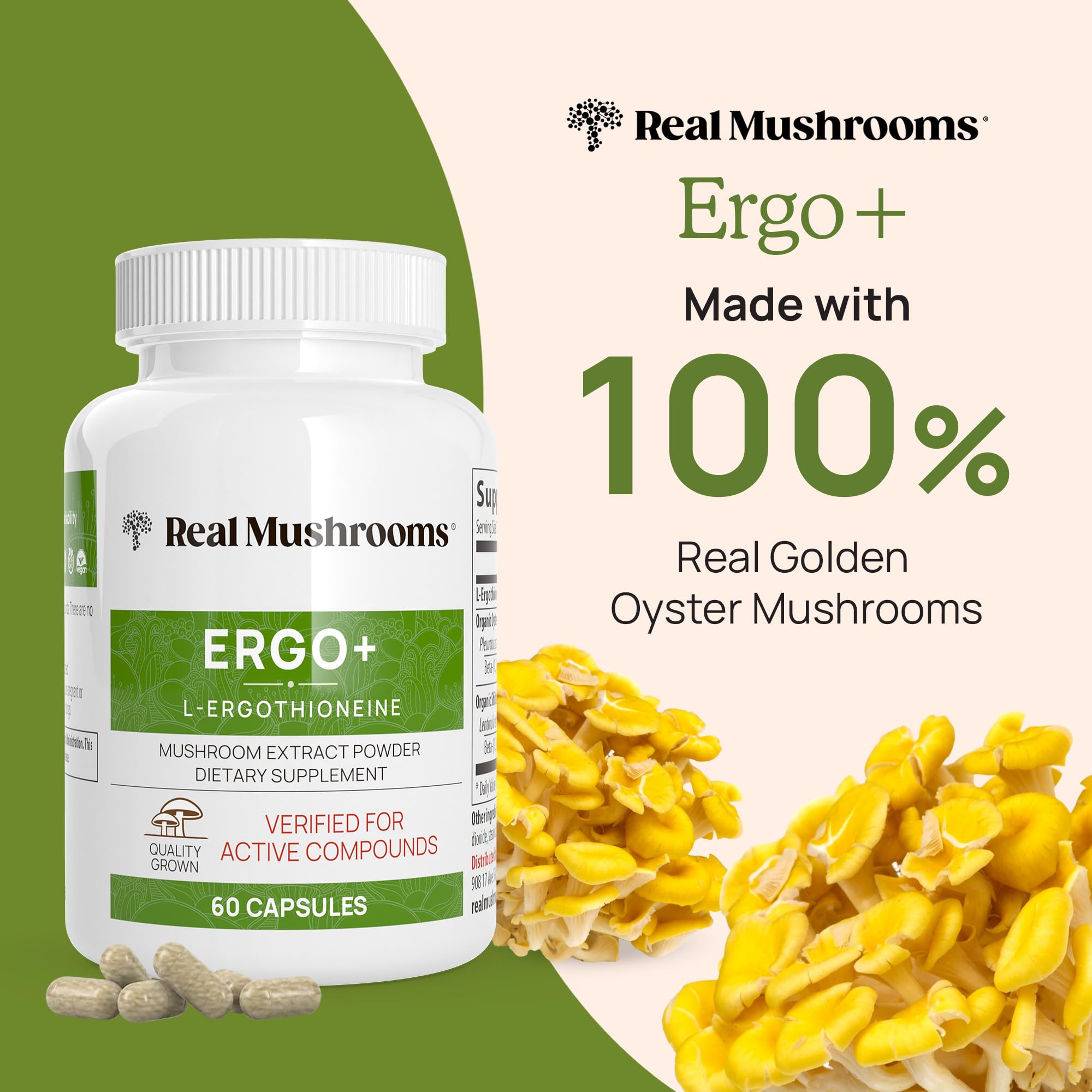 Real Mushrooms Ergothioneine Supplement – Golden Oyster Mushroom Extract, 60 Capsules – Organic, Vegan, Non-GMO
